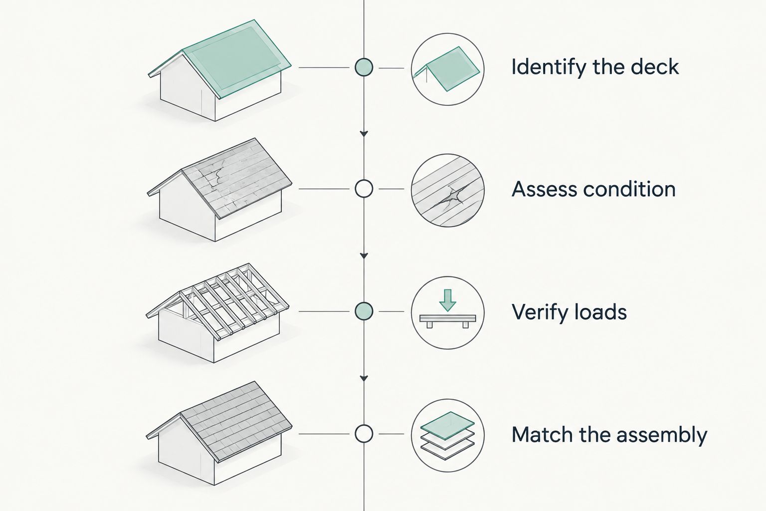 Four-stage roof deck review from identification through assembly selection
