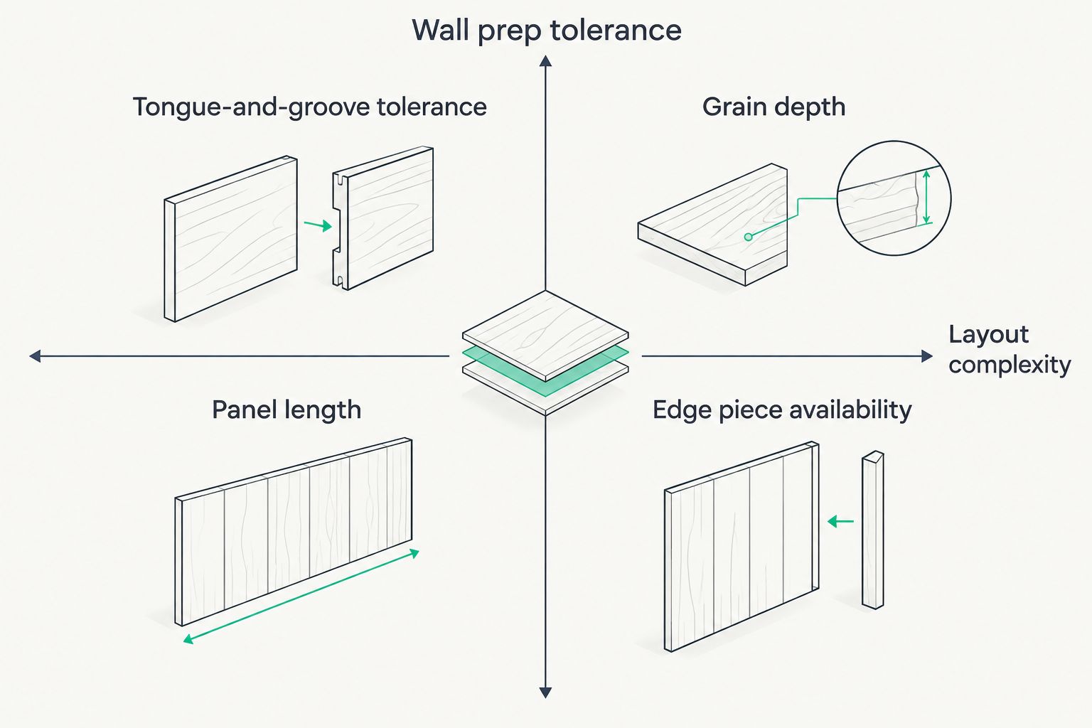 2x2 matrix comparing wall prep tolerance against layout complexity for acoustic wood panels