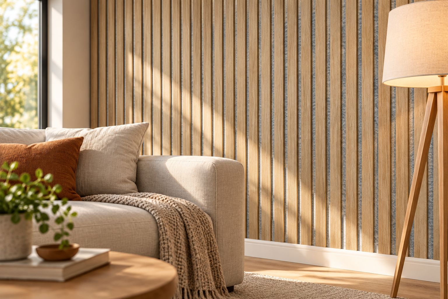 Natural oak grey felt acoustic wood panel installed on a living room wall