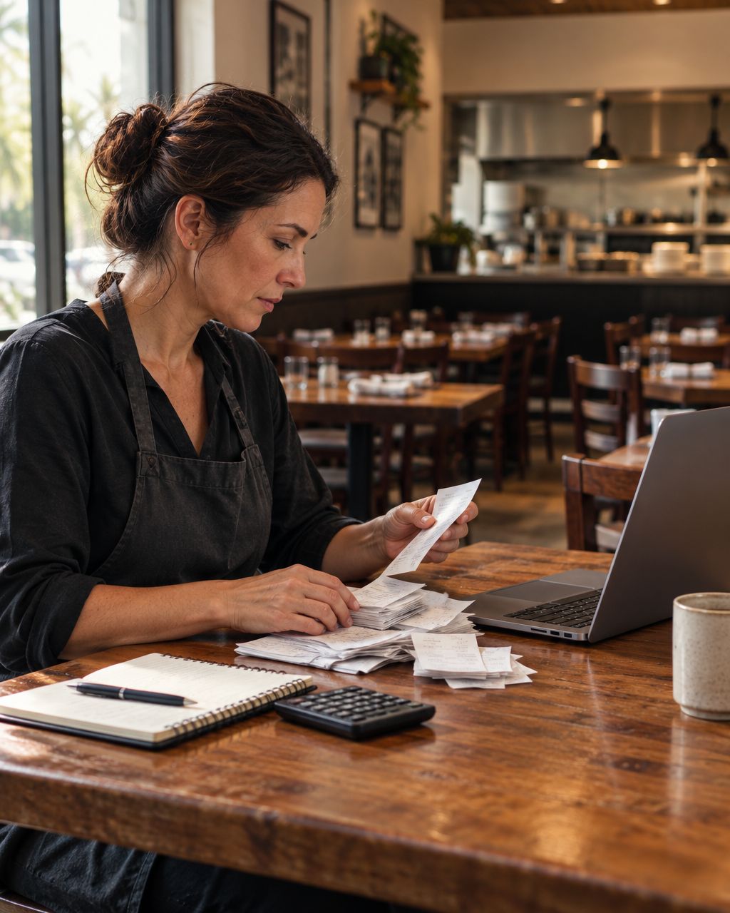 Restaurant owner reviewing receipts and bookkeeping records before opening.