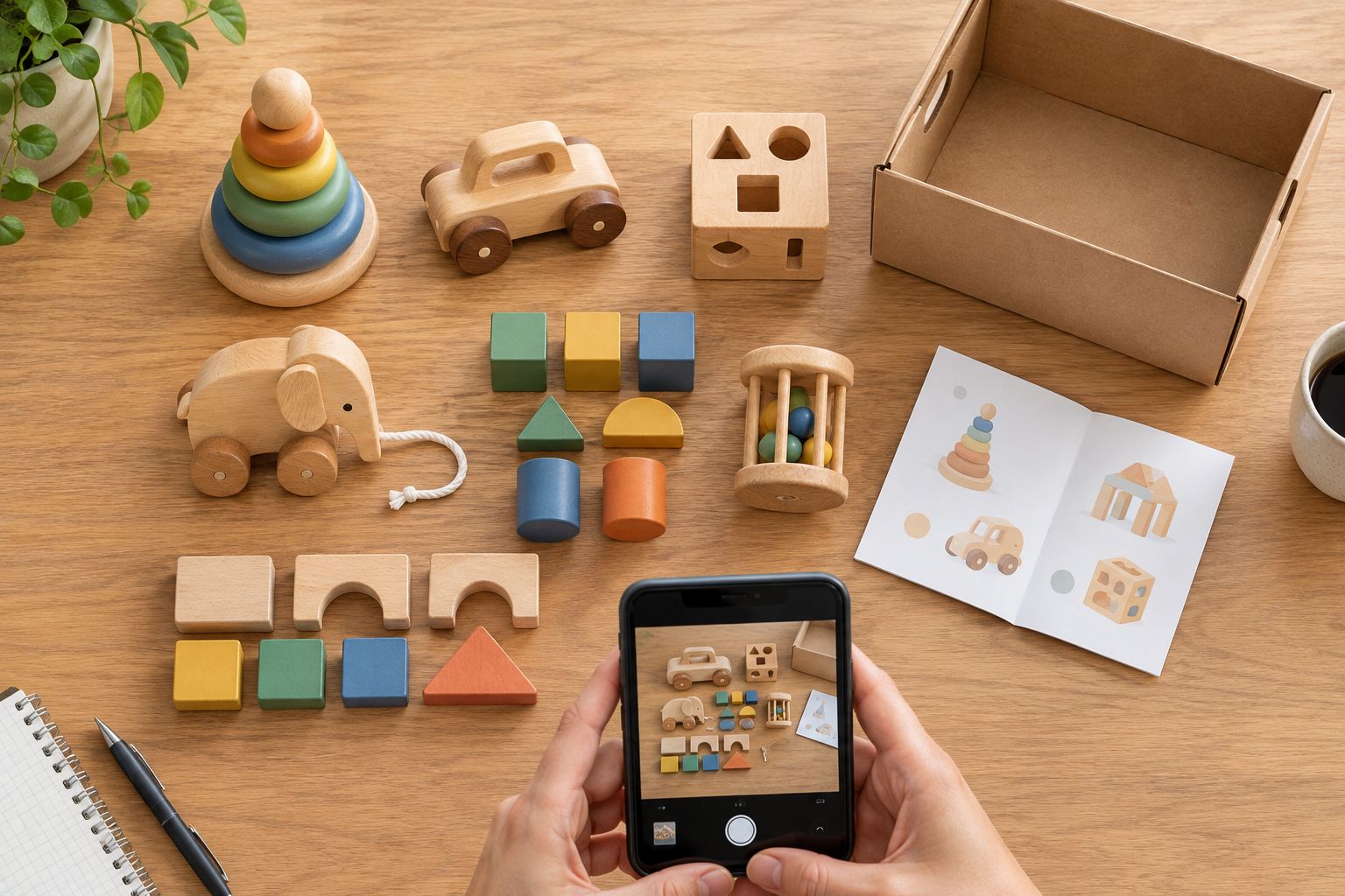 Wooden toy pieces laid out separately for clear resale photographs