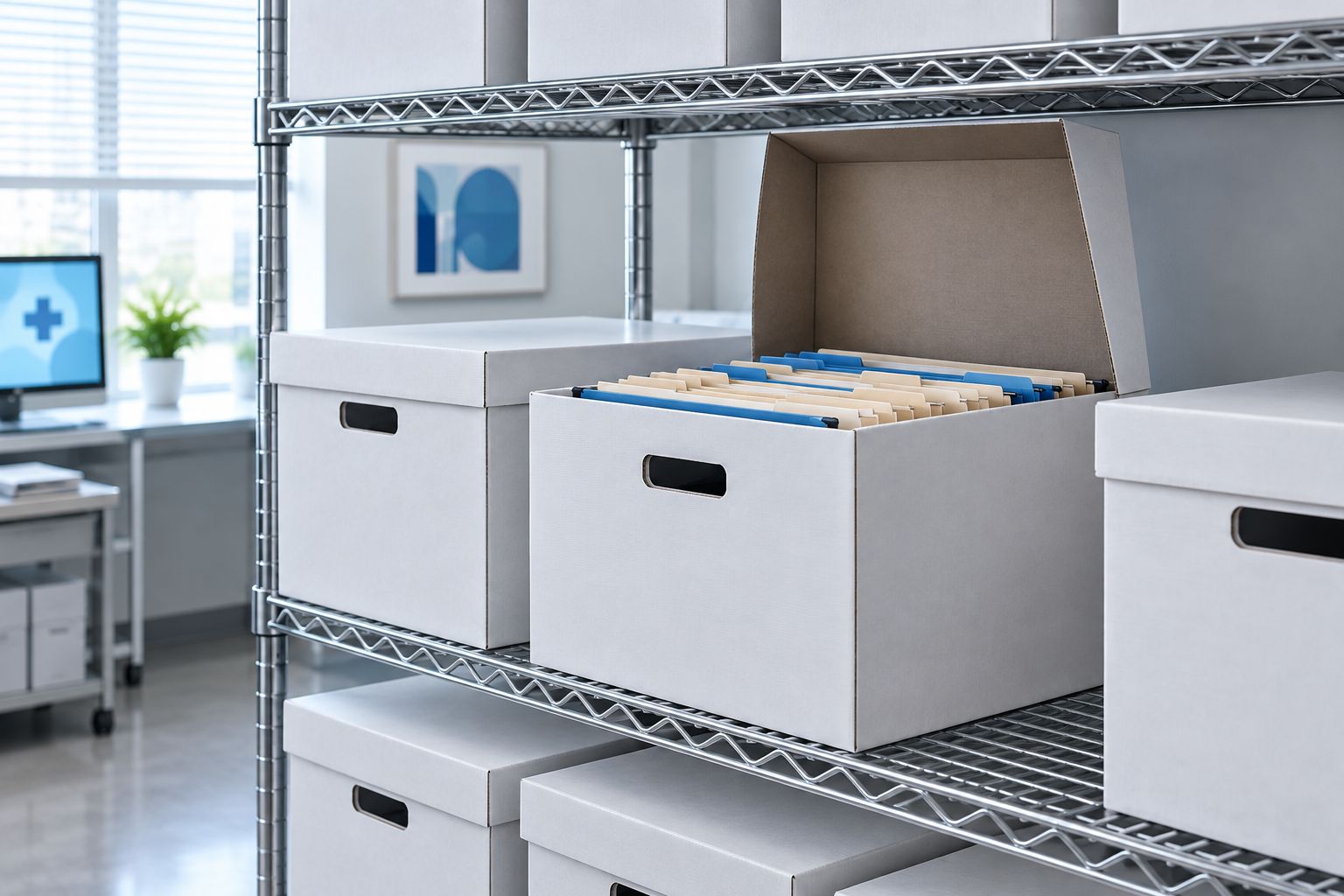 An attached-lid corrugated file box open on shelving with clearance above its cover