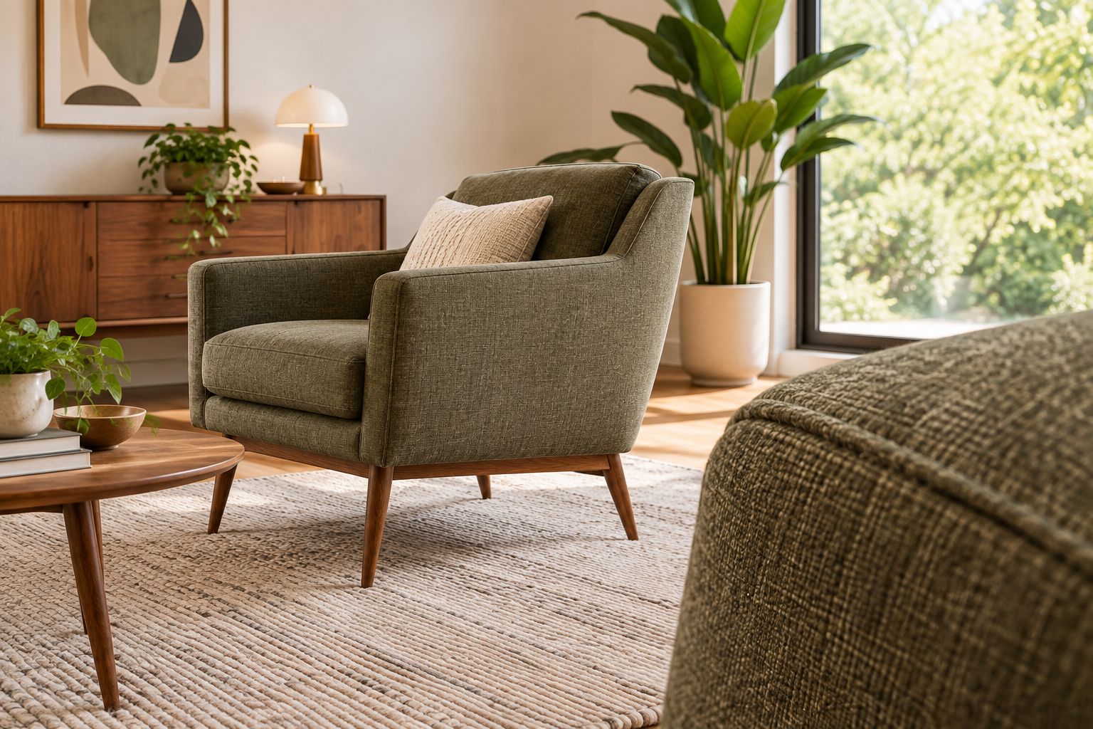 Generic armchair showing its overall shape and a visible upholstery seam
