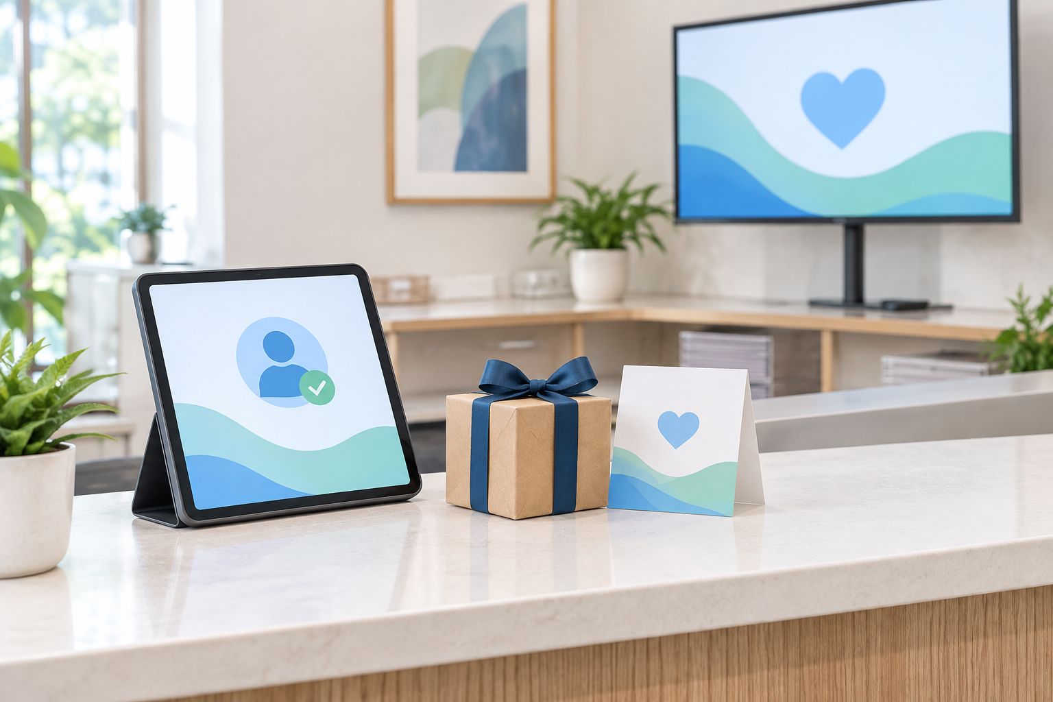 Reception desk with a wrapped welcome gift box beside a check-in tablet