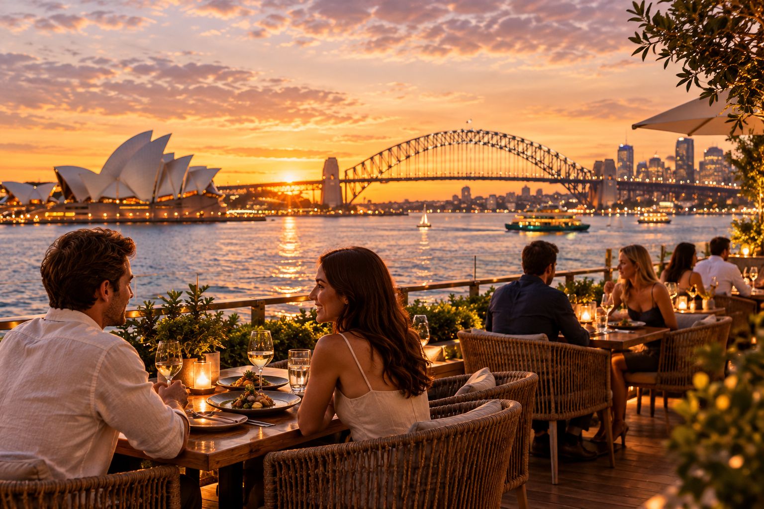 Harbourside restaurant terrace at dusk with skyline in the background