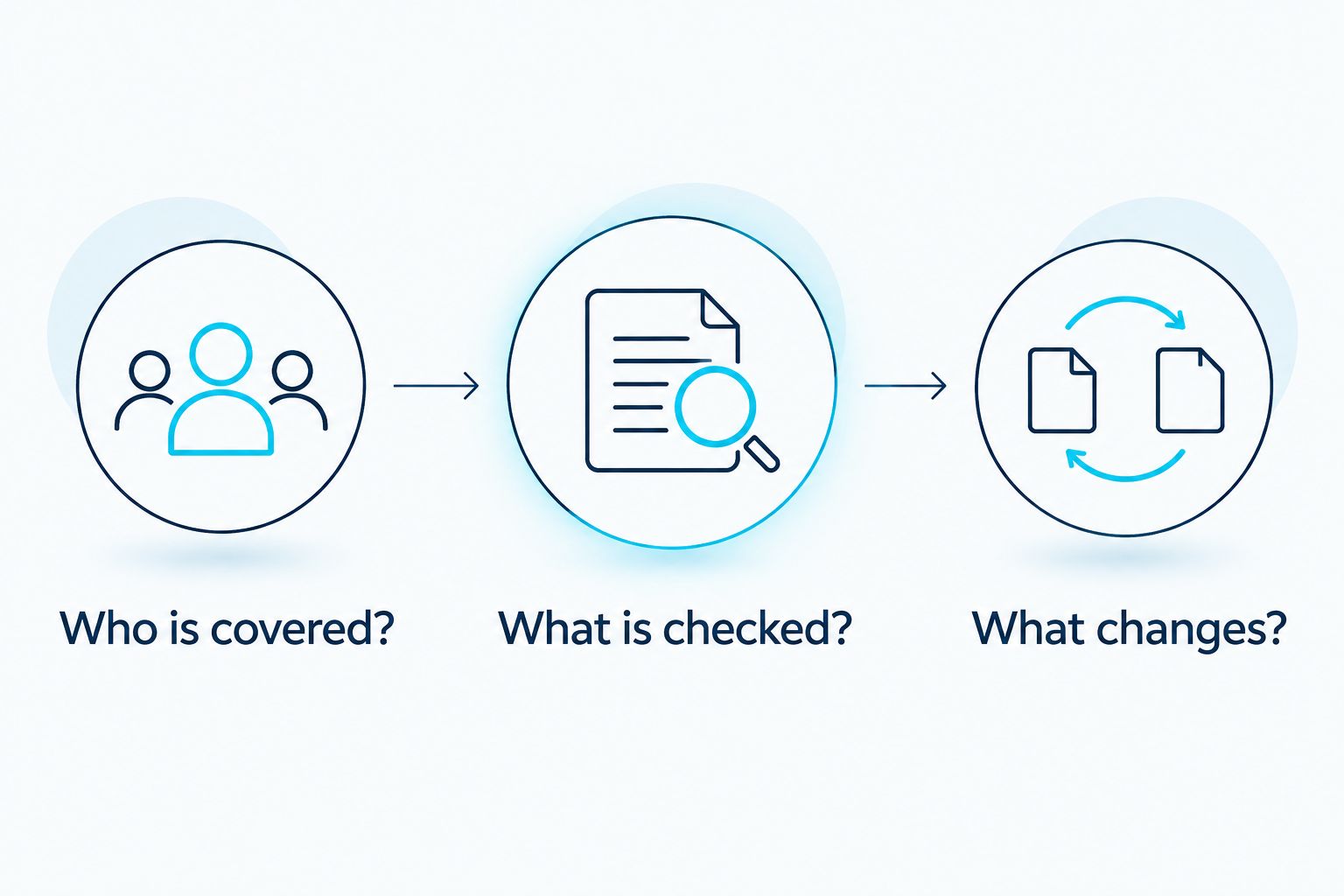 Three screening questions covering team members, check scope, and replacement cleaners