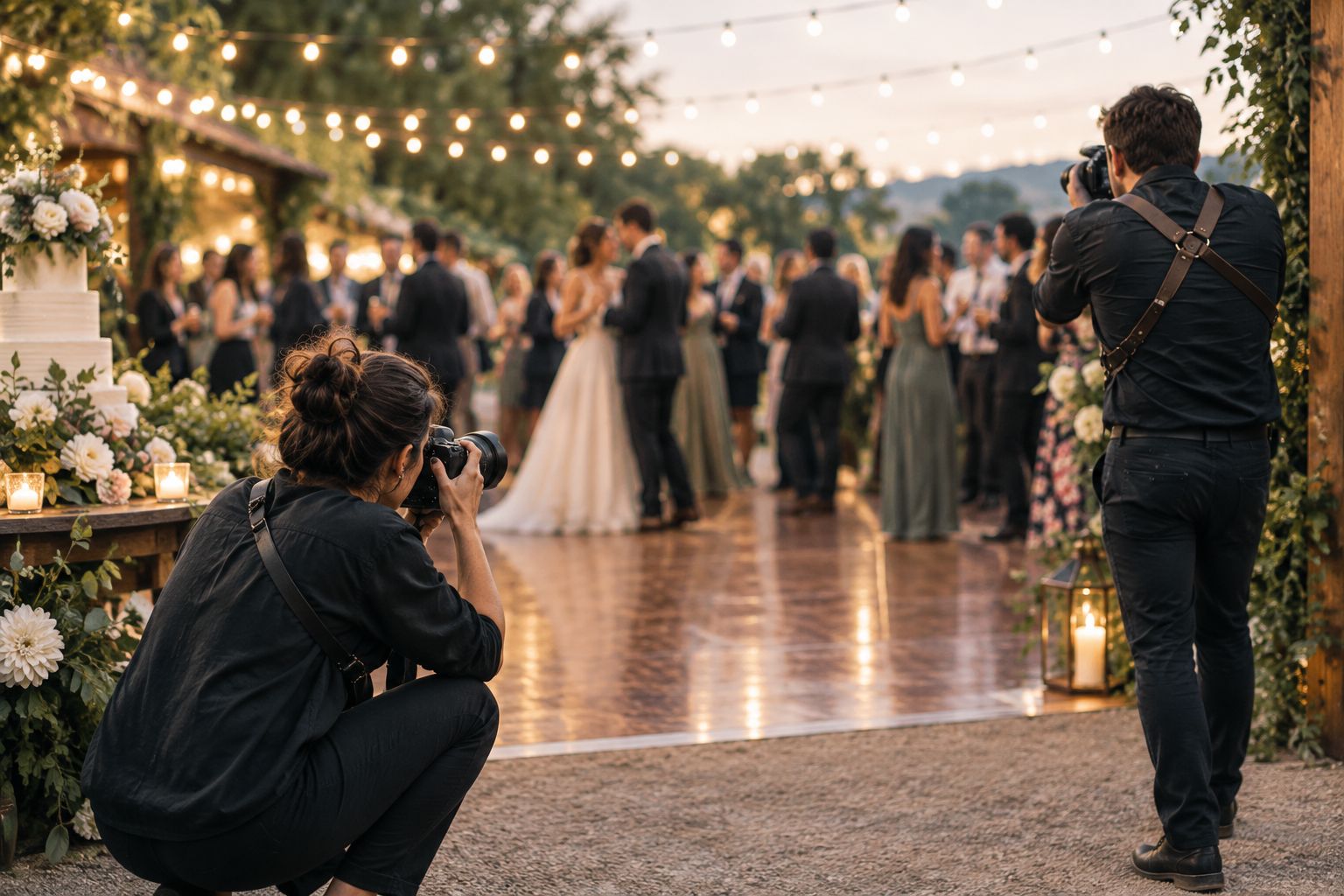 Two wedding photographers covering a reception from different angles
