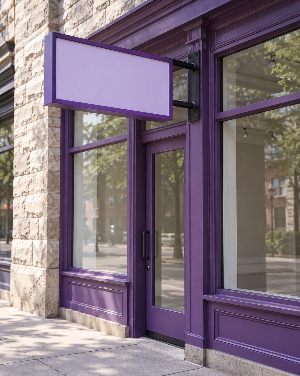 Illustrative storefront with purple trim and a blank projecting sign.