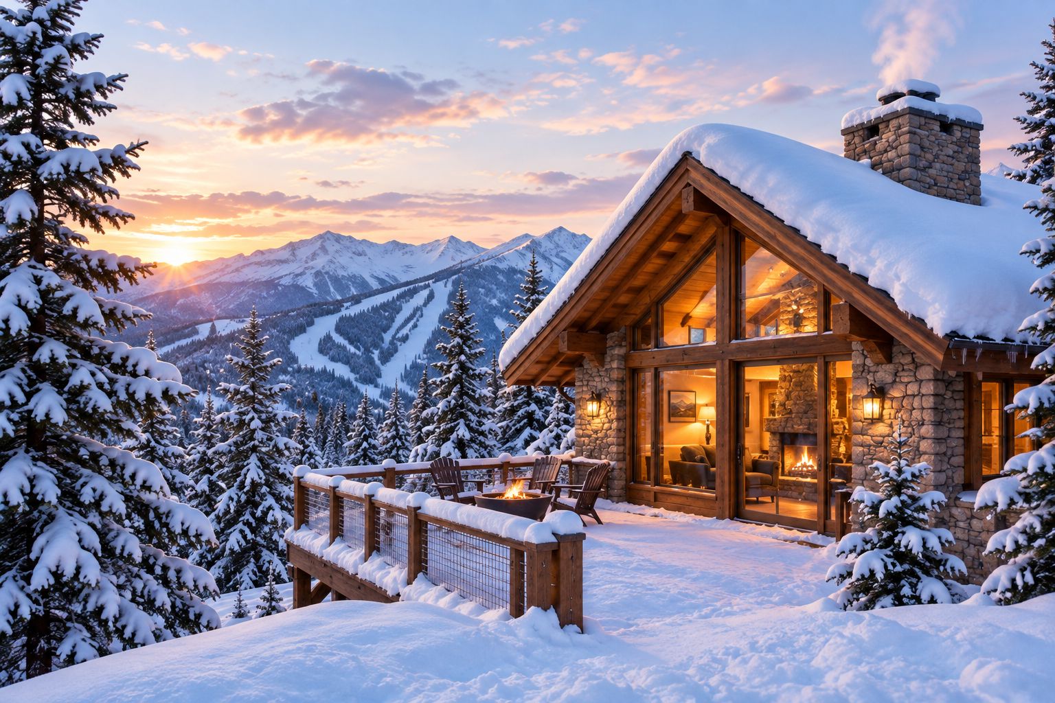 Snow-covered ski chalet exterior in the New Hampshire mountains