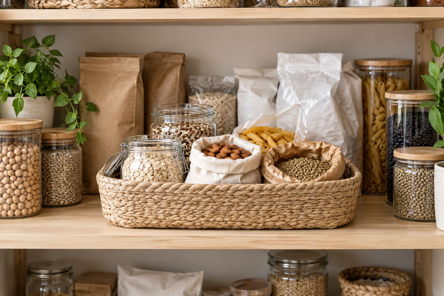 Pantry shelf with opened food at the front and unopened backup packages behind it