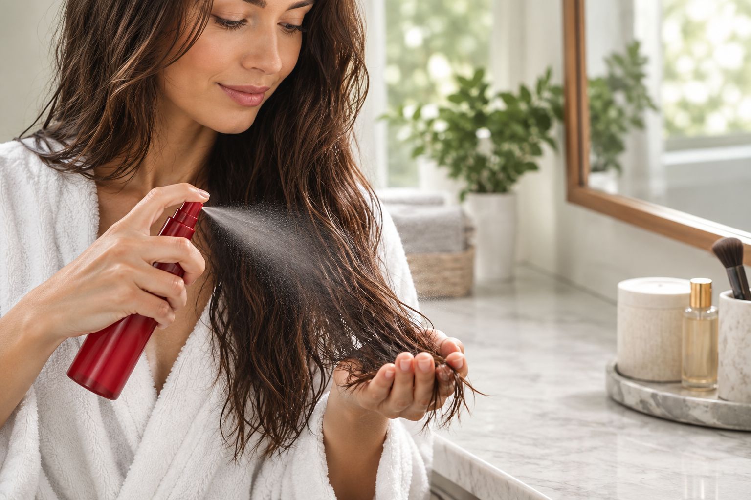 Person applying a leave-in hair spray to damp hair