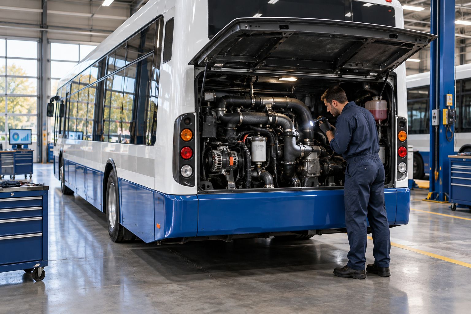 Technician inspecting hoses, wiring supports, and accessory brackets in a shuttle bus engine bay