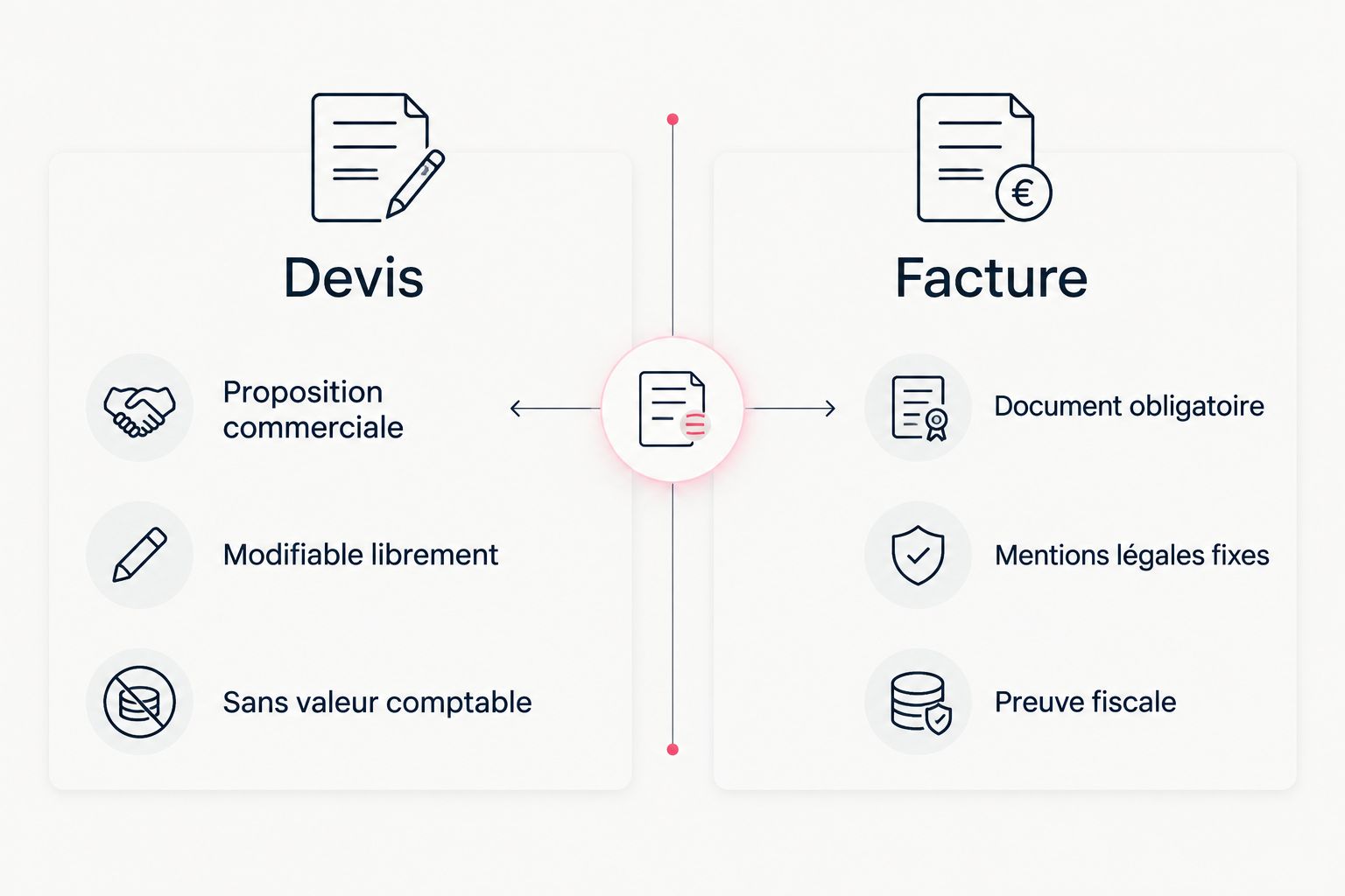 Comparaison visuelle entre un devis et une facture en deux colonnes
