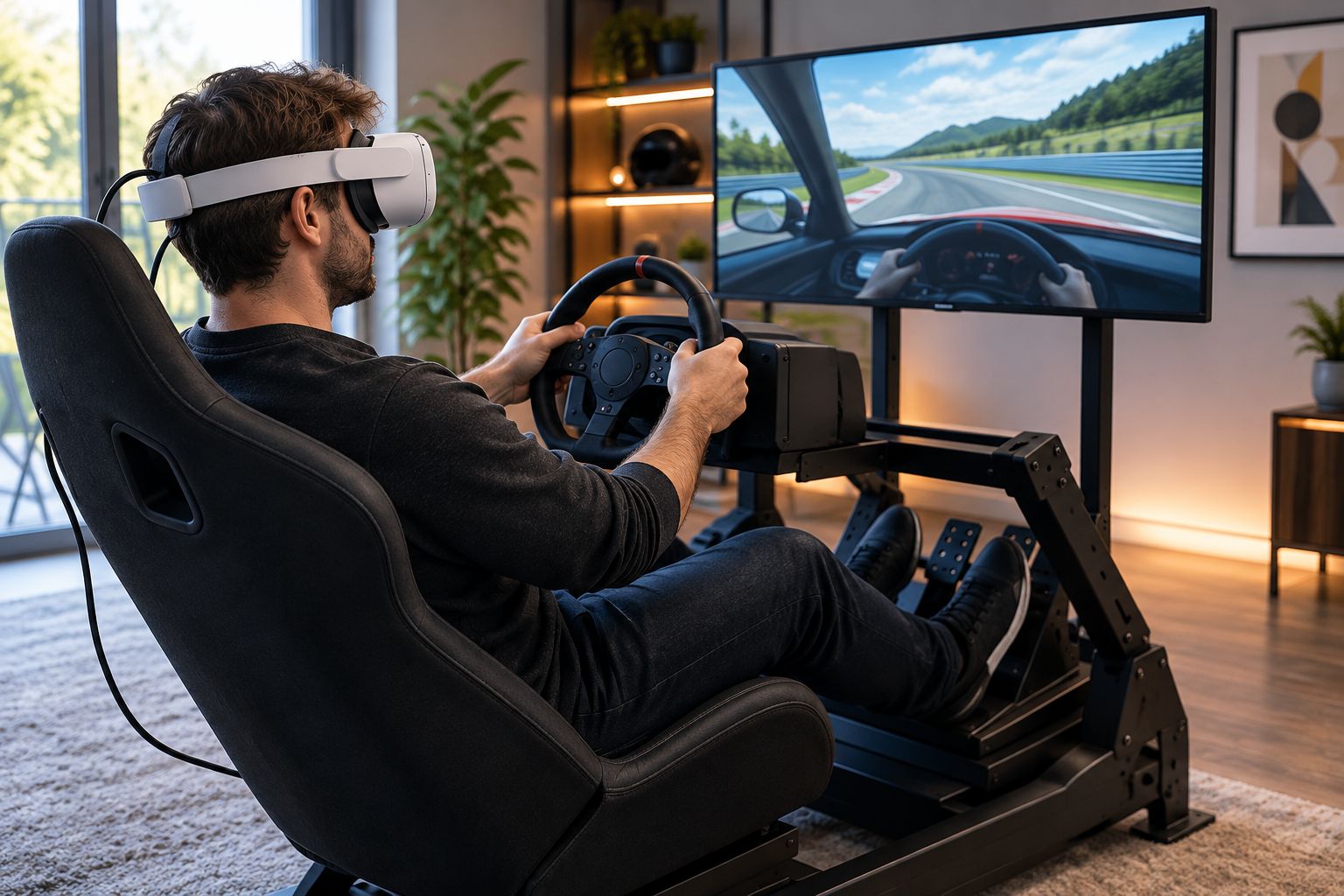 Förare i simracingrigg med utrymme bakom VR-headsetet och kabeln dragen bort från pedalerna.