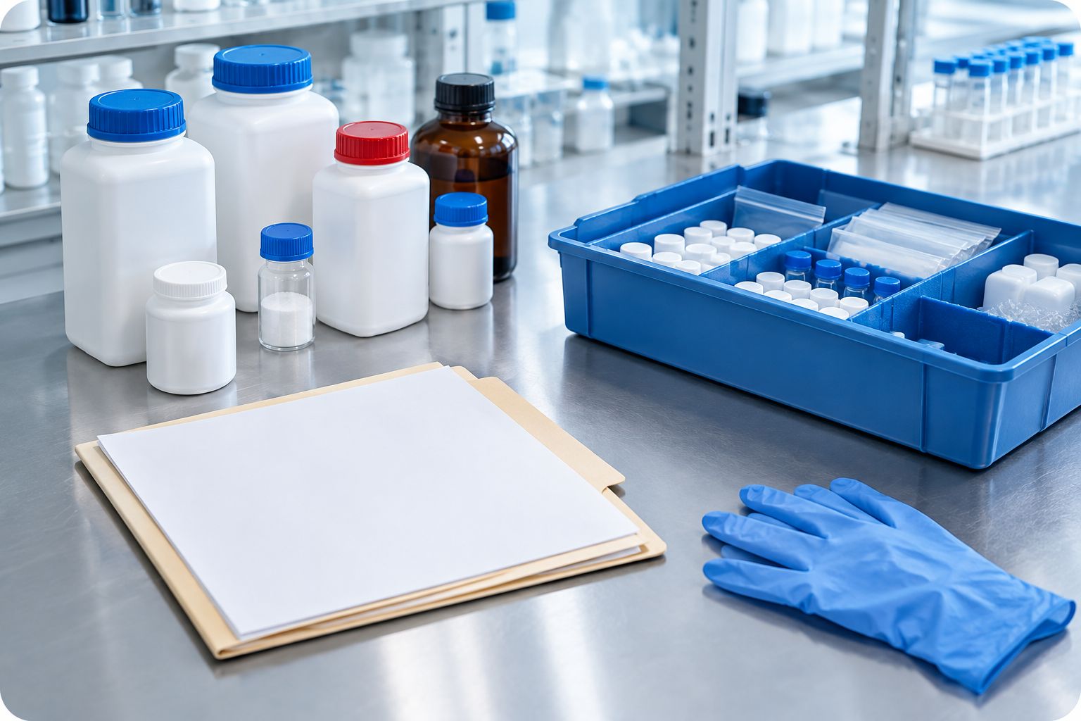 Sealed research material containers beside receiving documents on a laboratory bench