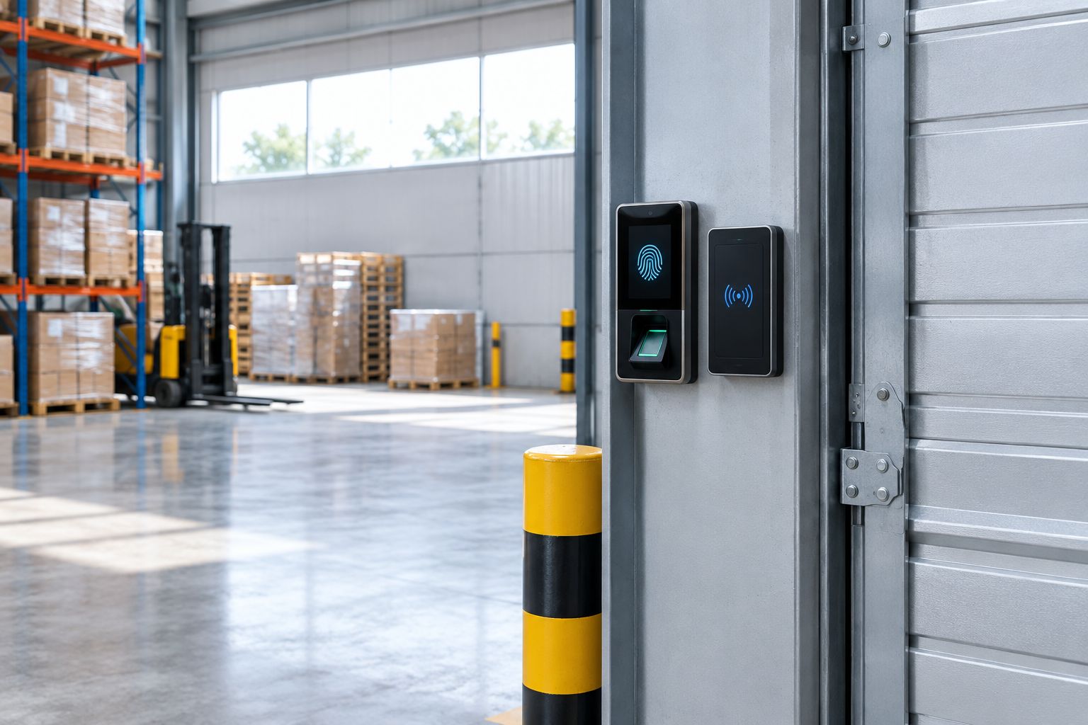 Best Access Control System for a Warehouse in Kenya (2026) 2 Fingerprint and RFID card readers mounted beside a warehouse loading bay door