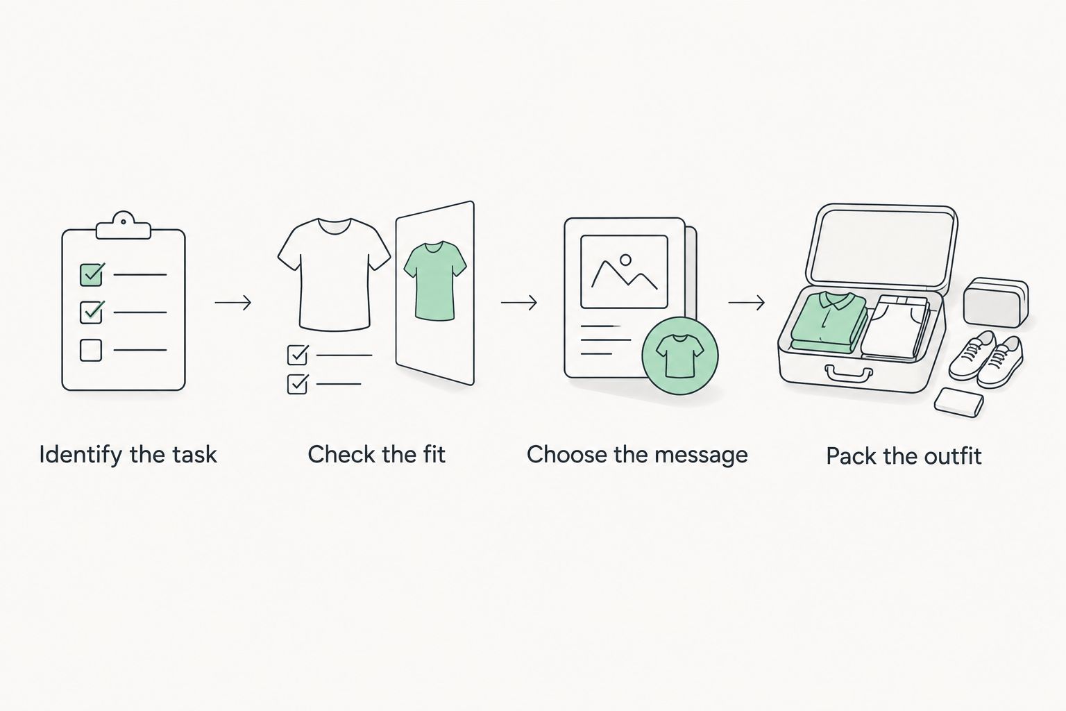 Four steps for choosing an outfit, from identifying the task to packing it
