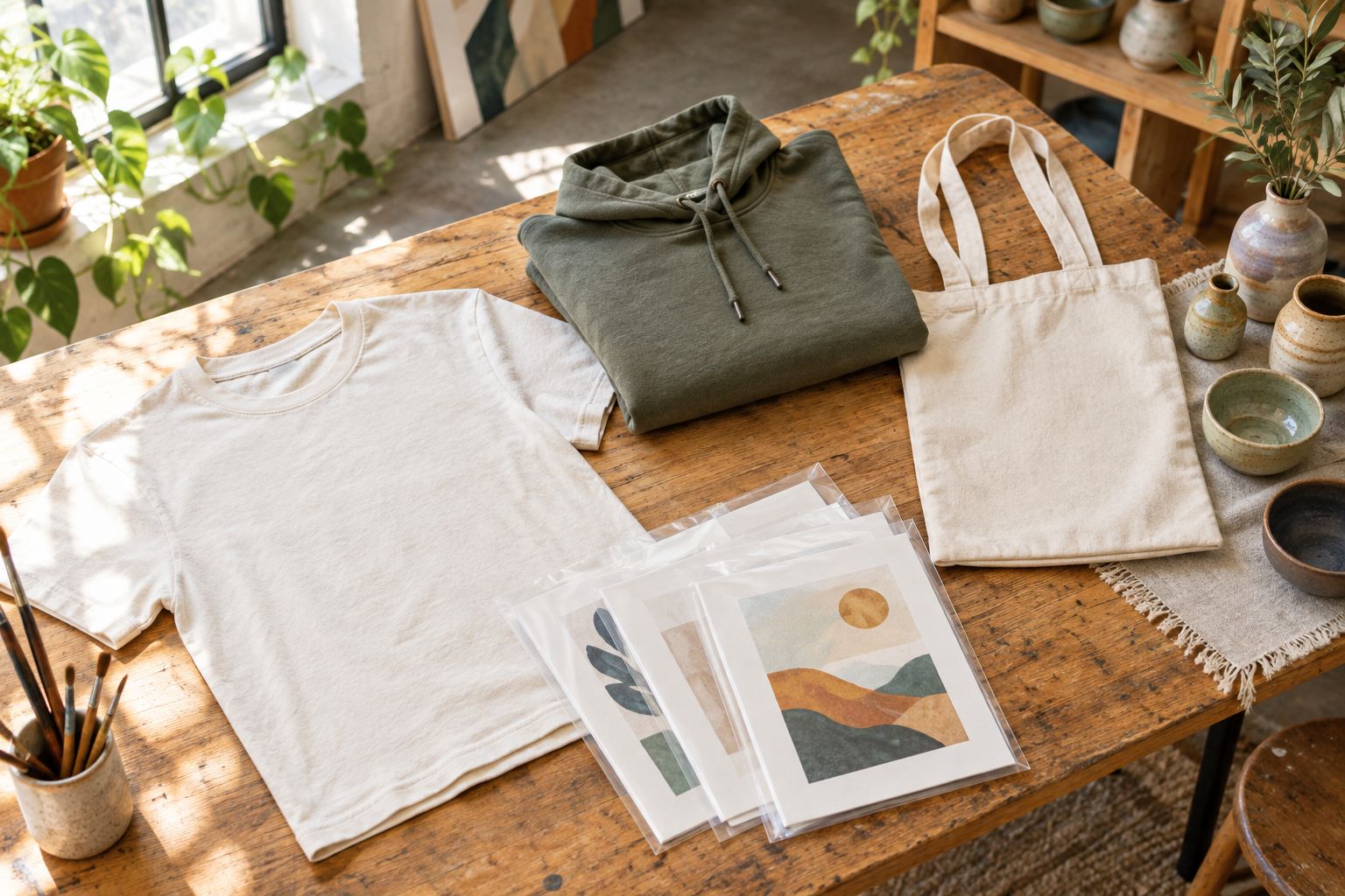 Clothing and a canvas tote beside protected prints and pottery on a worktable