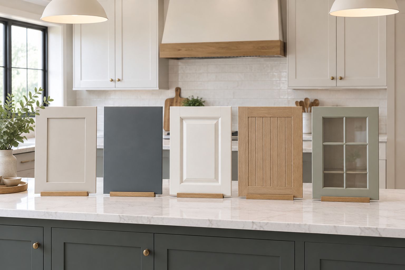 Five kitchen cabinet door styles shown side by side for comparison