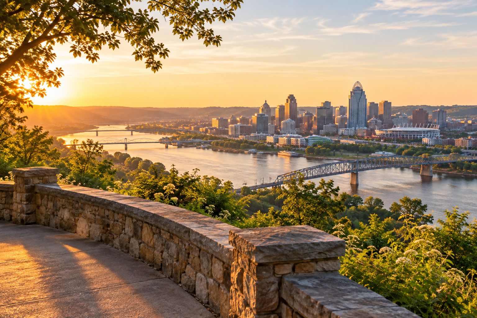 Hillside park overlook with a river valley and city skyline in the distance