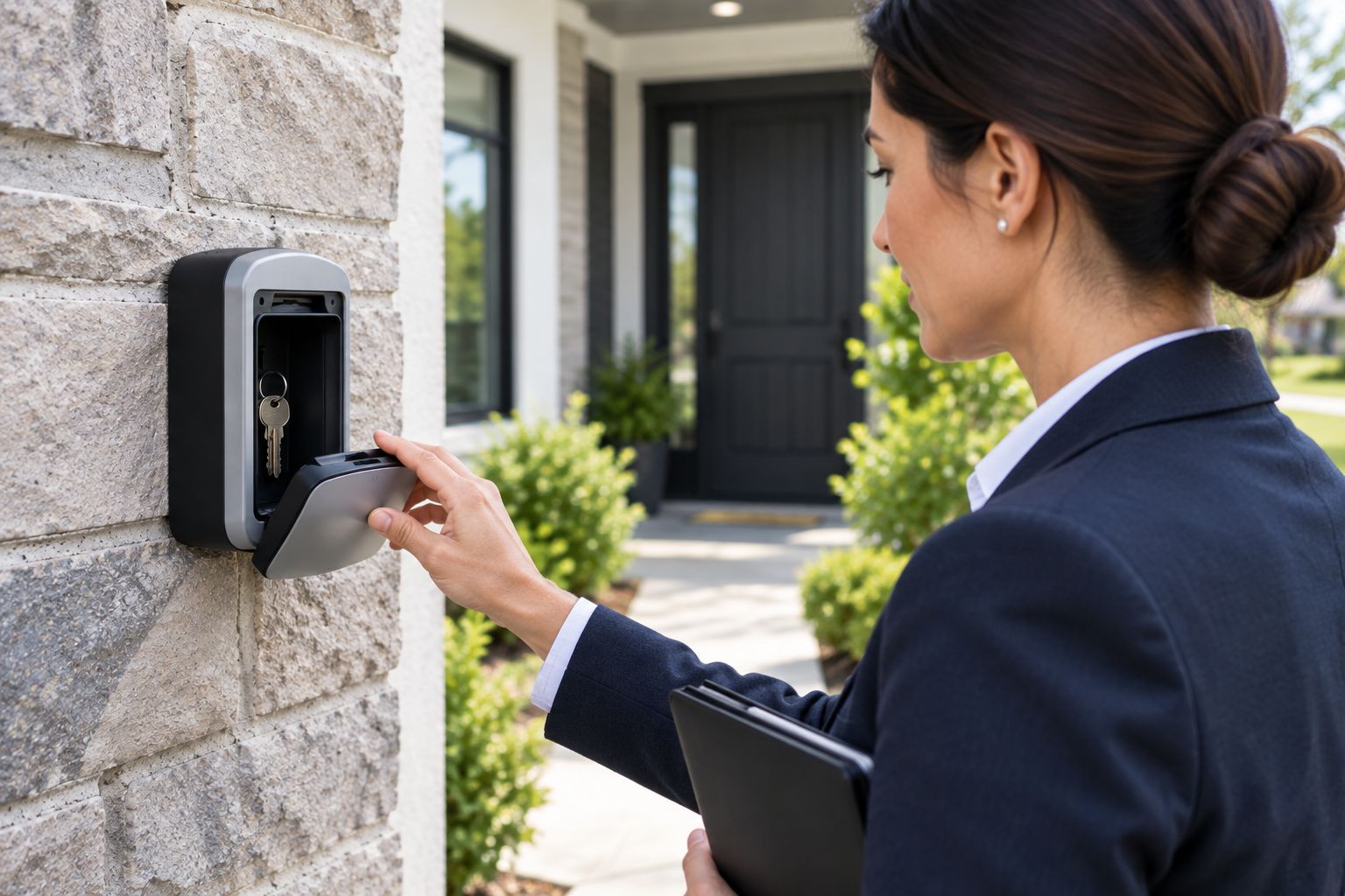 Agent checking a wall-mounted key safe beside a property entrance