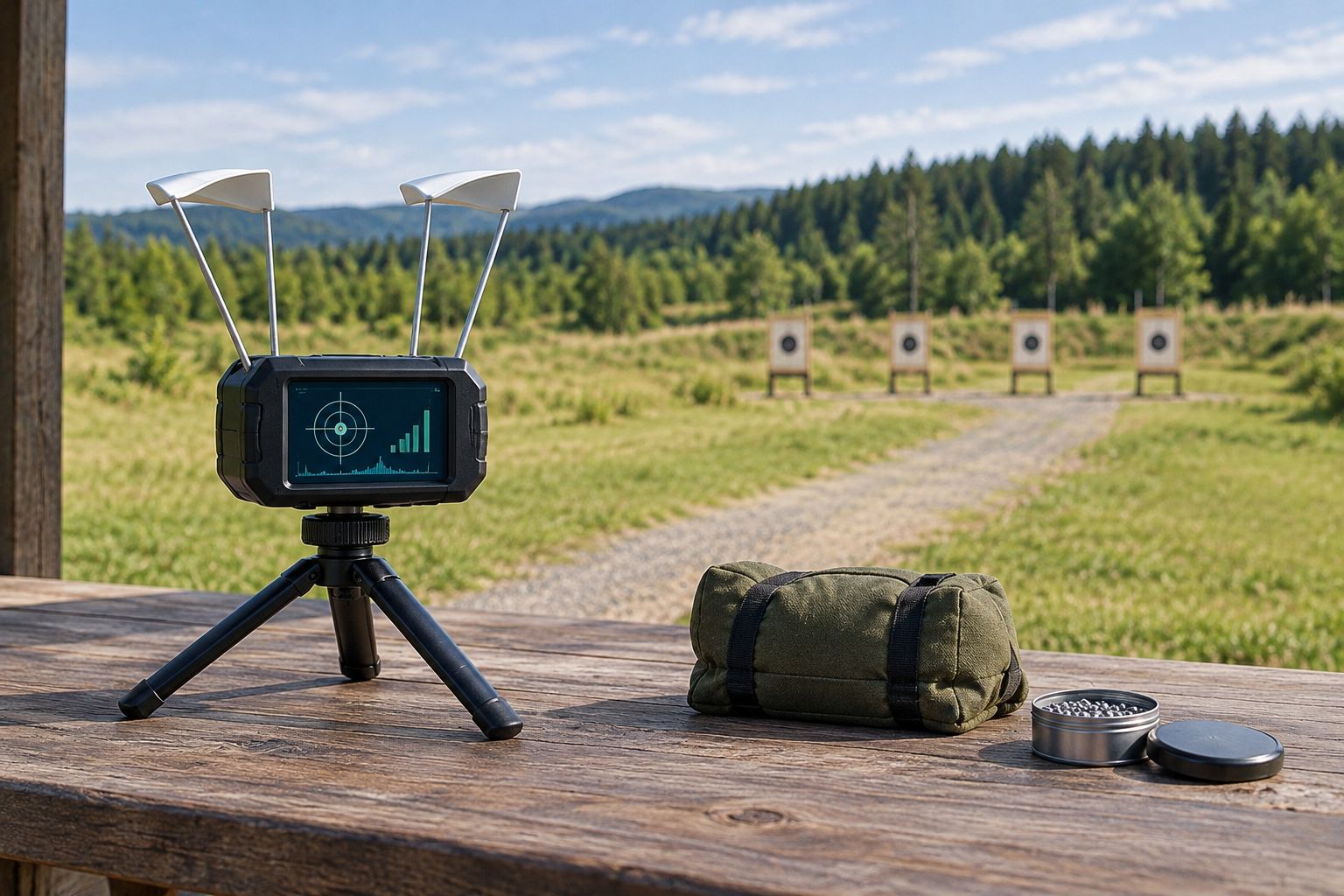 Chronograph on a stable bench beside an unobstructed shooting lane
