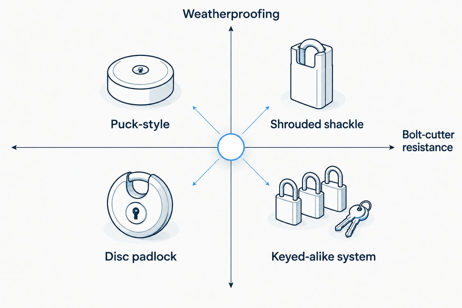 2x2 matrix comparing truck tool box lock types on weatherproofing and bolt-cutter resistance