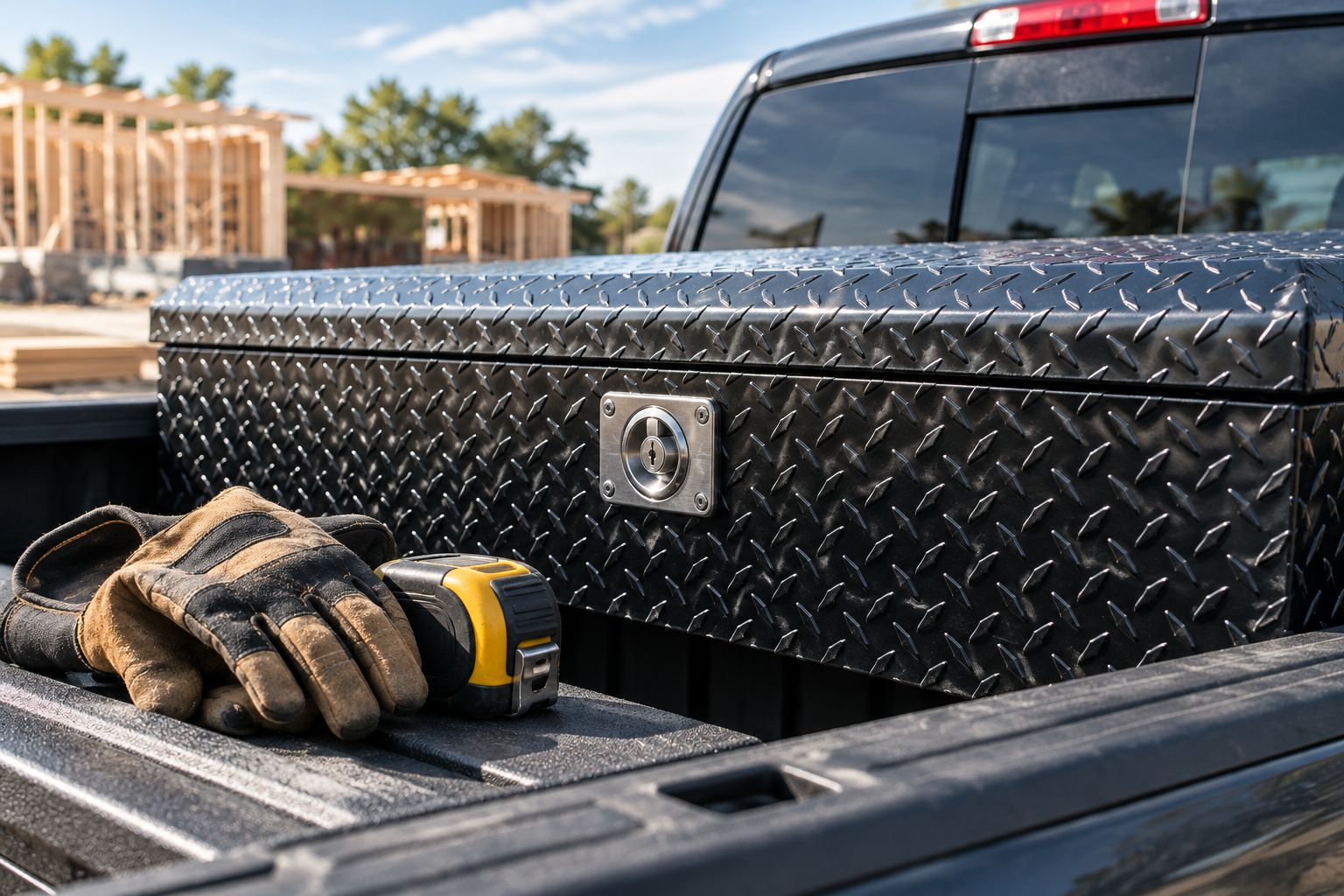 Puck-style lock installed flush on a truck bed tool box latch