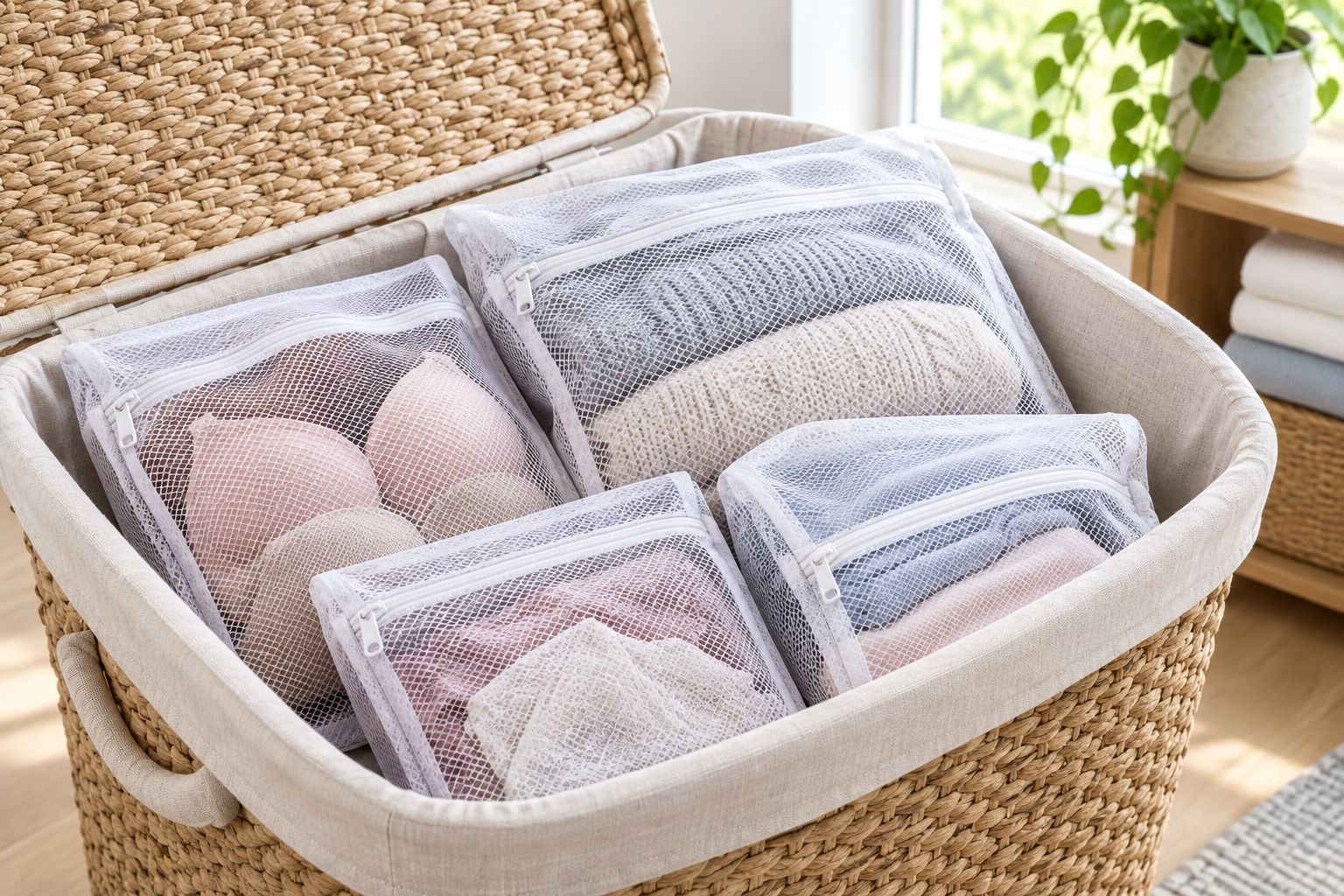 Mesh laundry bags filled with delicate garments inside a hamper