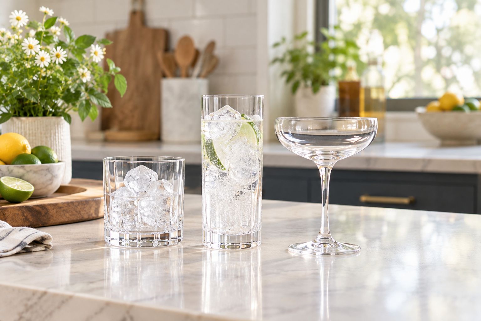 Rocks, highball, and coupe glasses showing their different shapes