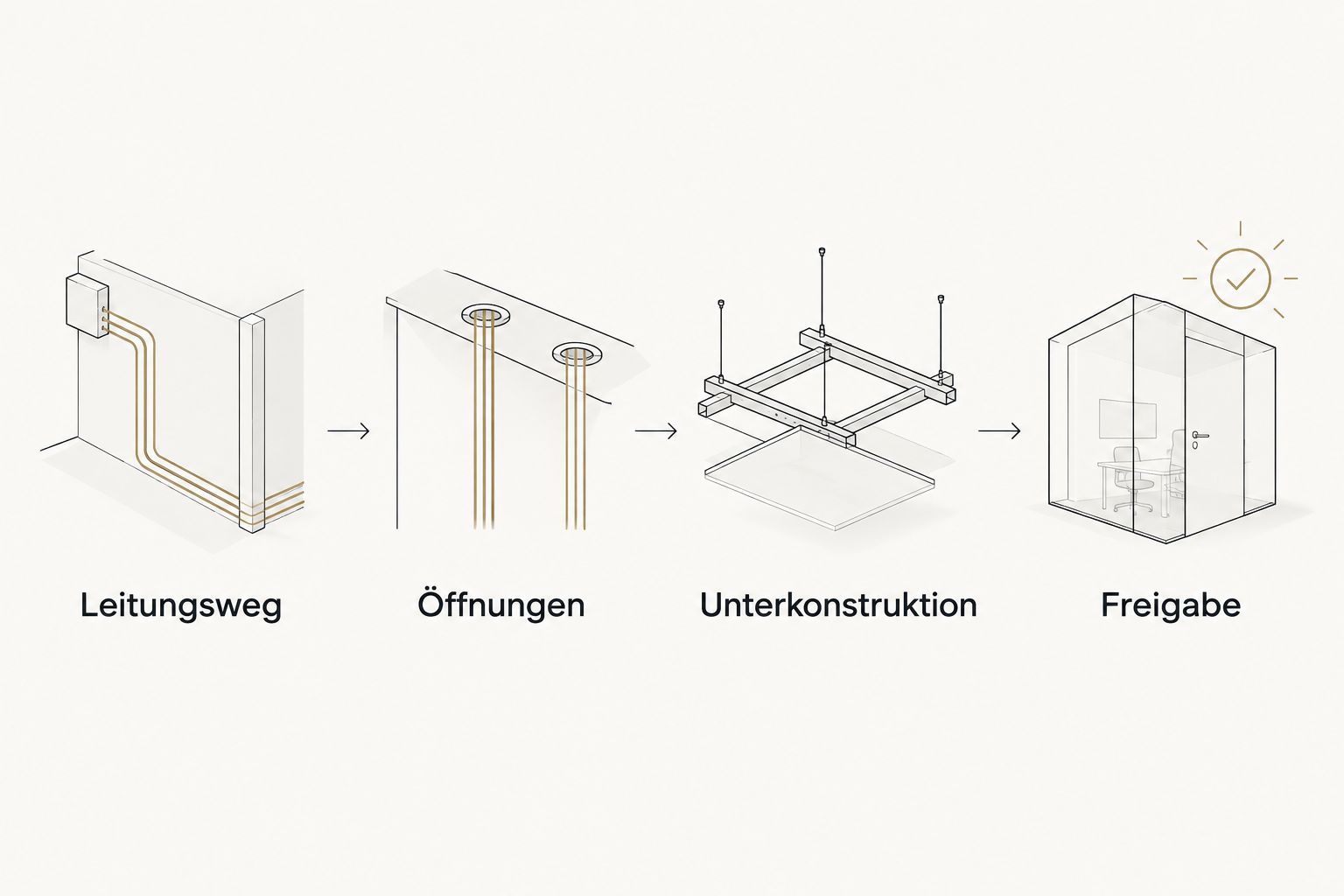 Ablauf von Leitungsweg und Öffnungen über Unterkonstruktion bis zur Freigabe