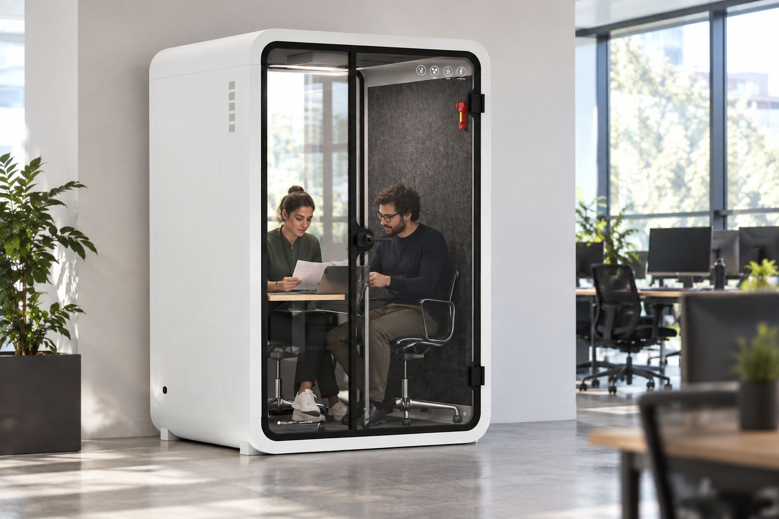 Two people using a 2-person meeting booth for a private review session