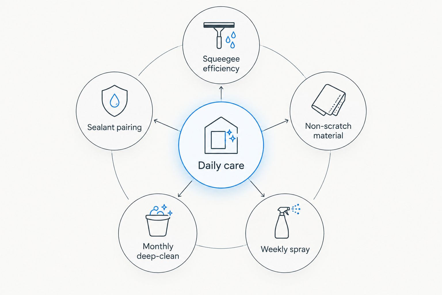 Diagram showing five criteria orbiting a central daily shower door care habit