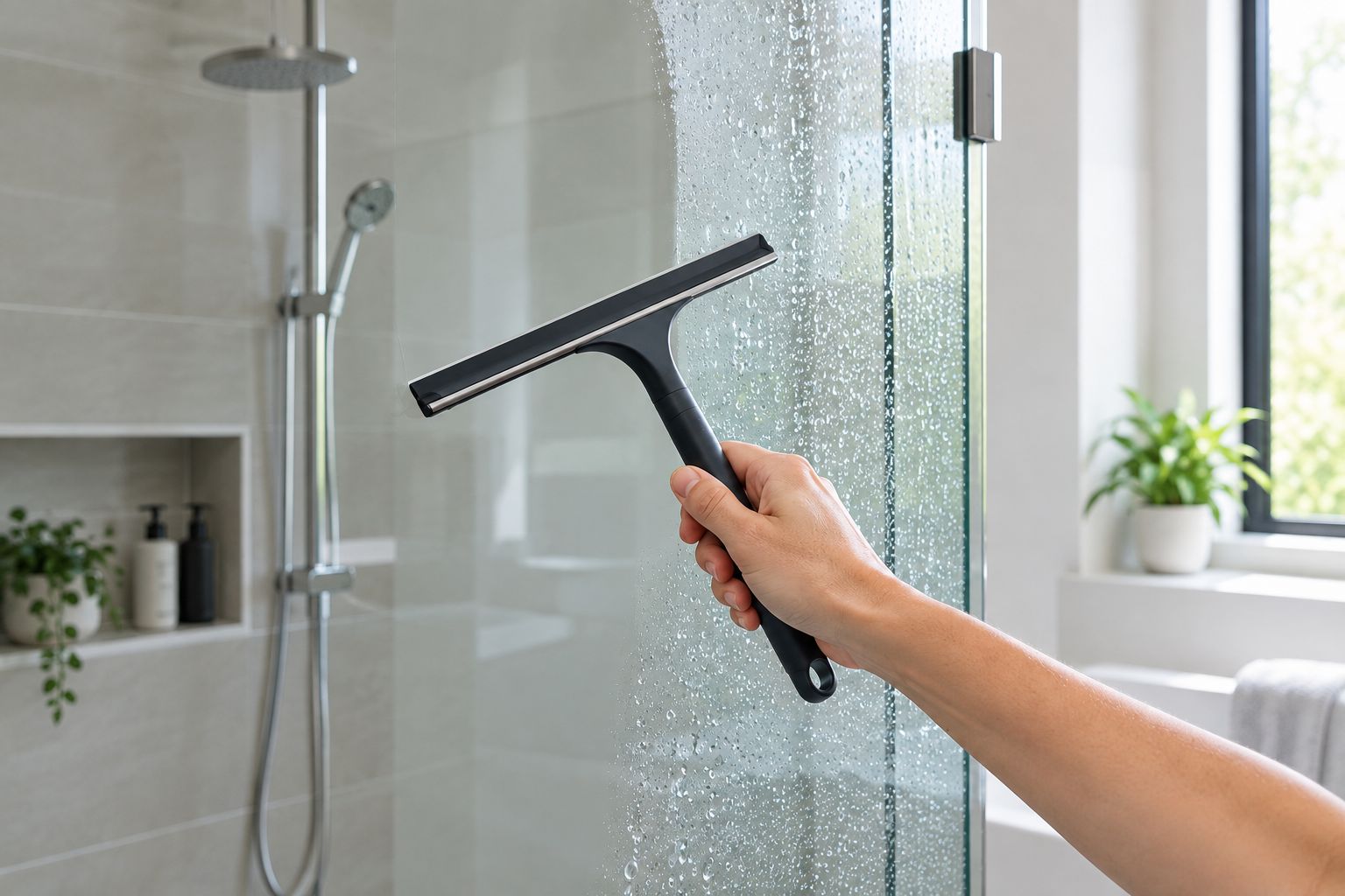 Squeegeeing a frameless glass shower door after a shower