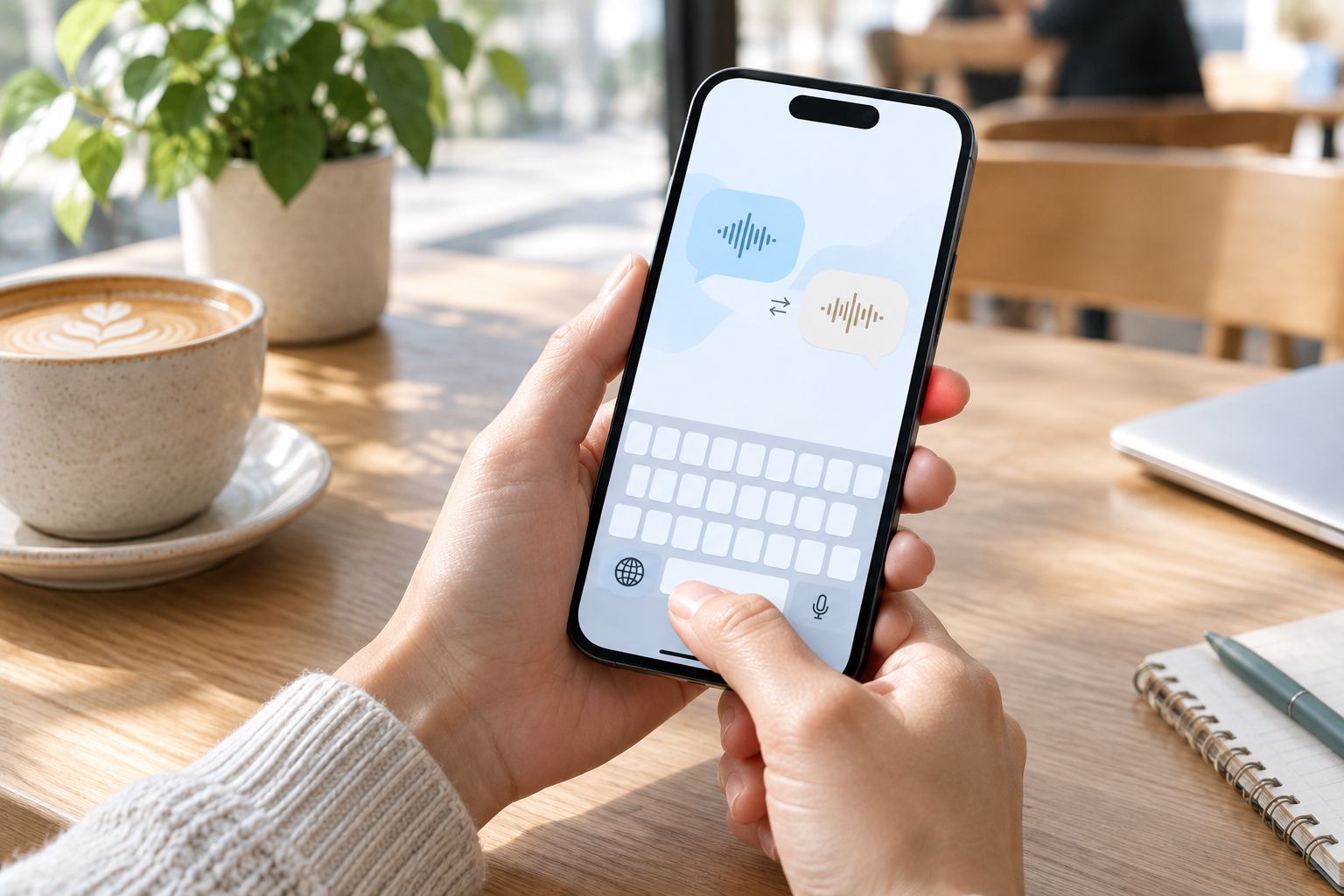 Hand typing on an iPhone keyboard with a language-switch icon visible