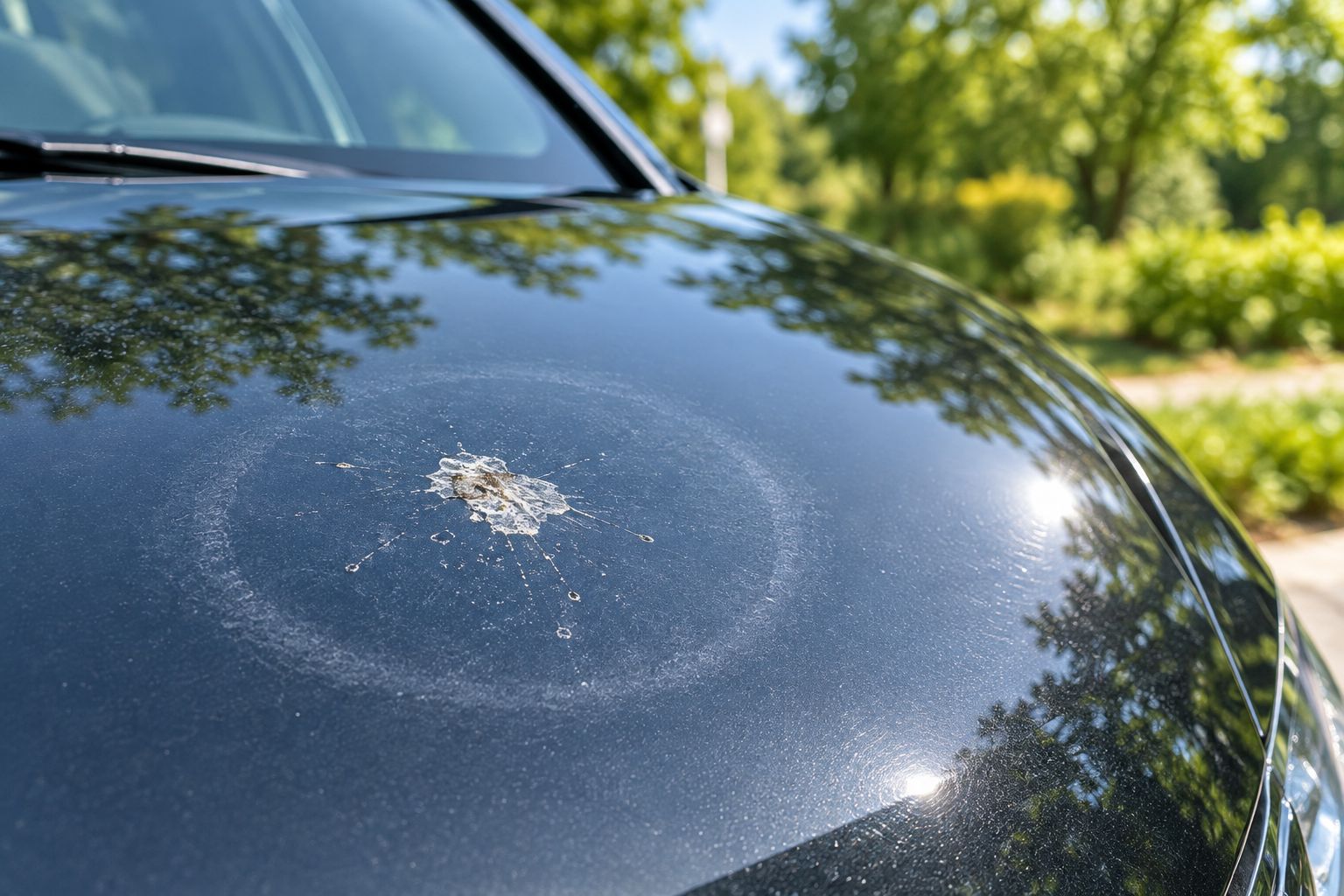 Bird dropping etching mark visible on a car hood clear coat