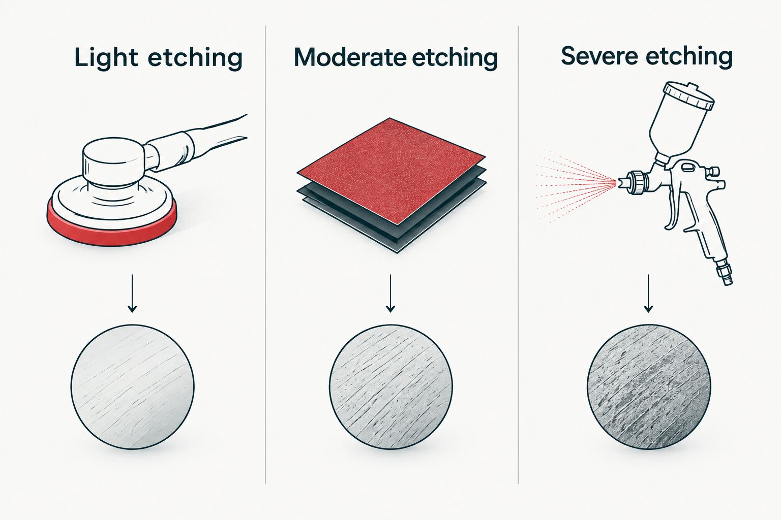 Three-column comparison of light, moderate, and severe bird dropping etching fixes