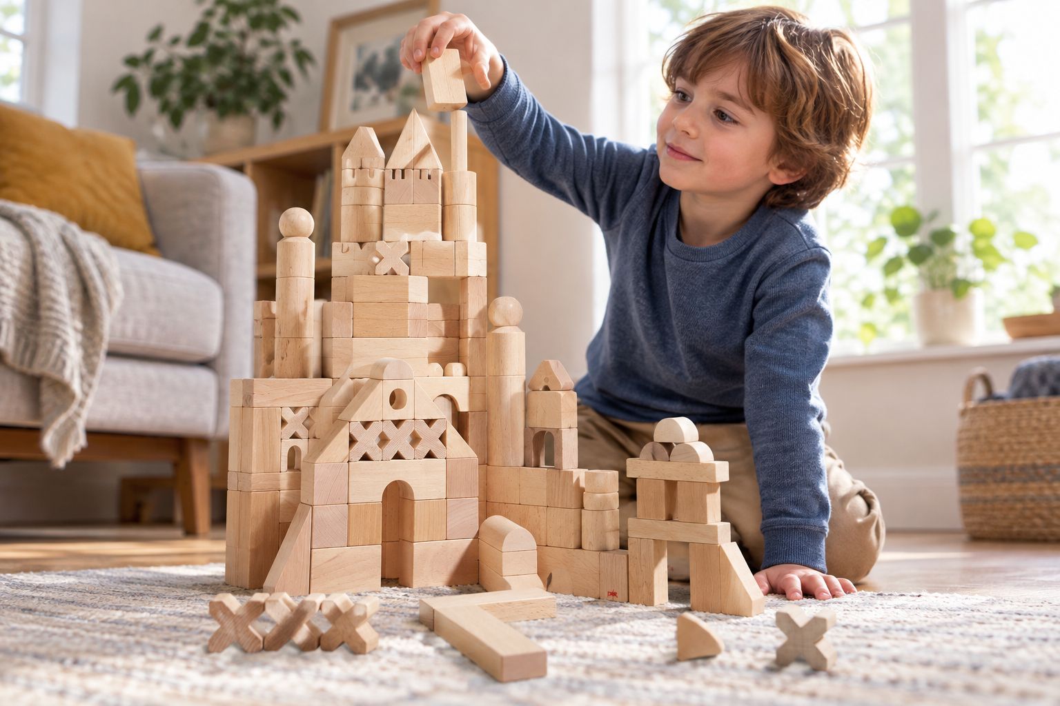 Six year old building a tall tower from a large wooden block set