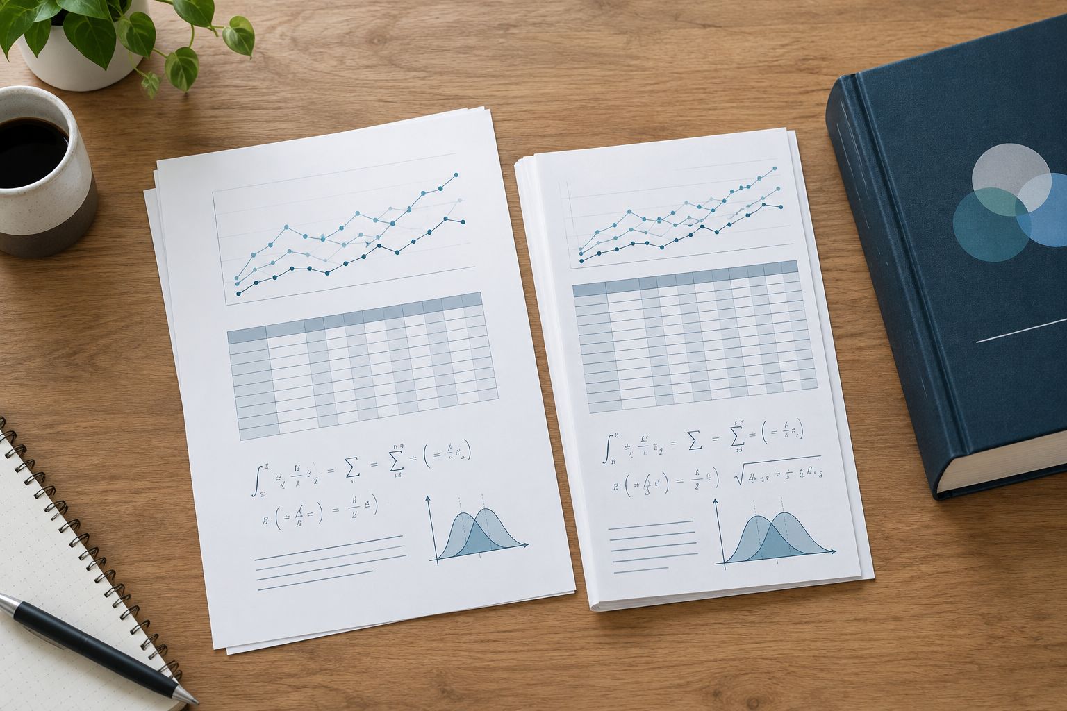 Research pages showing graphs, equations, tables, and the space needed beside a bound edge