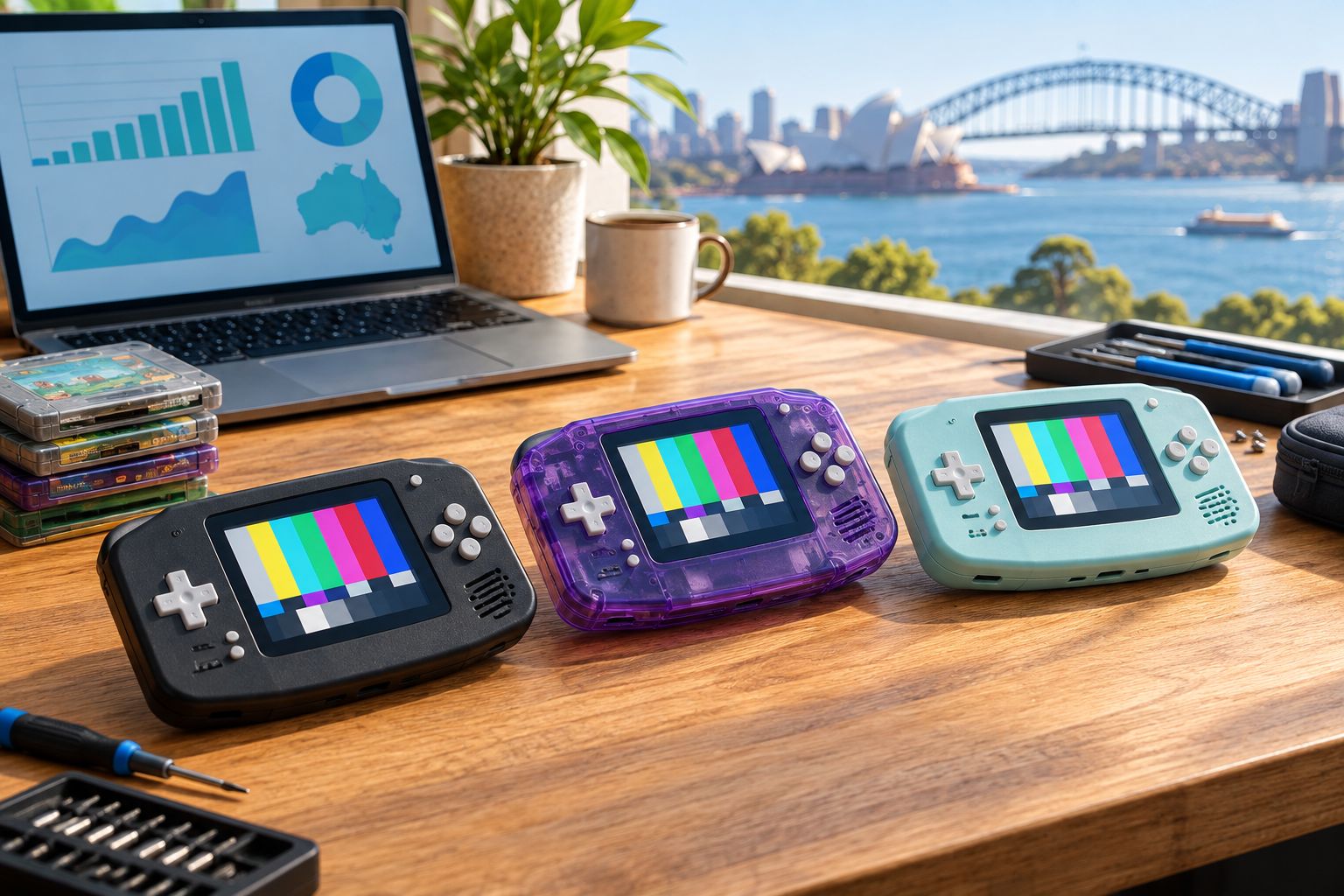 Row of Game Boy Advance SP consoles in different colourway finishes on a workbench