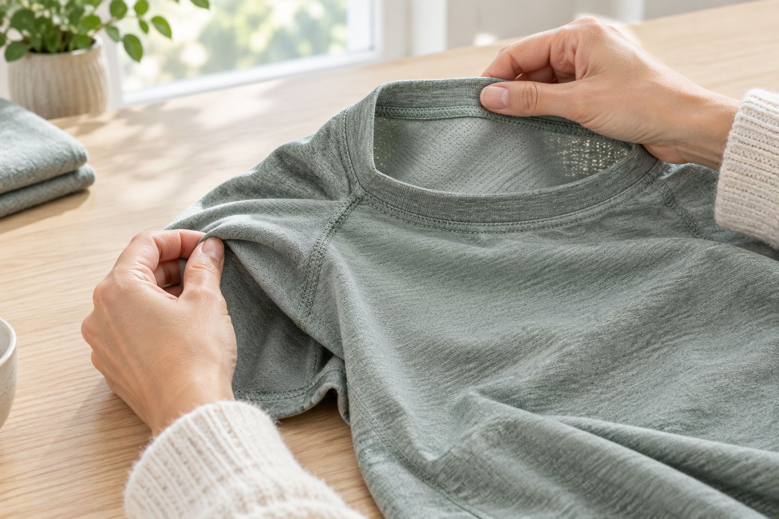 Hands inspecting the inside seams and neckline of an unbranded athletic shirt