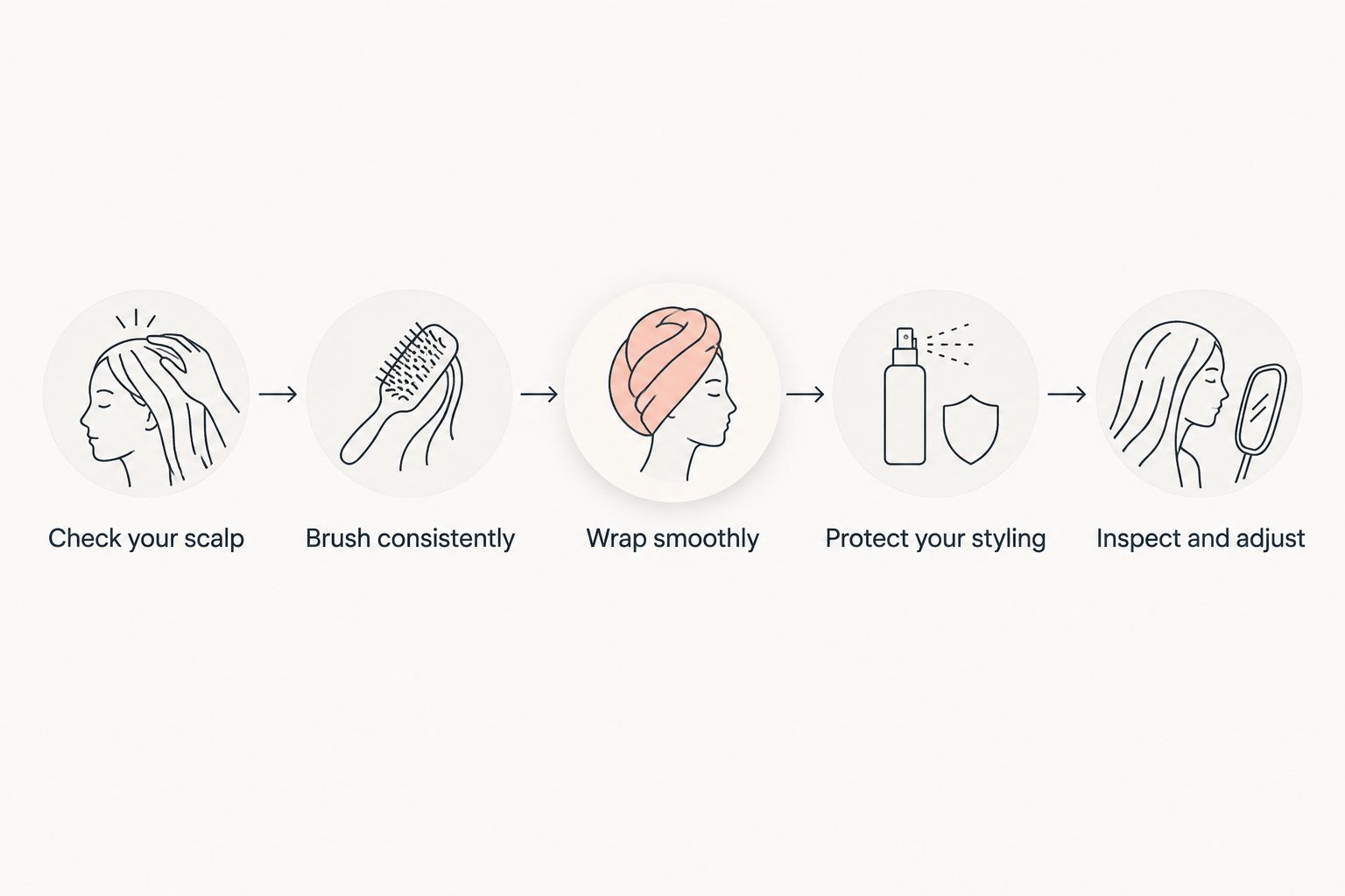 Wave-care sequence from checking the scalp to brushing, wrapping, and adjusting the fit