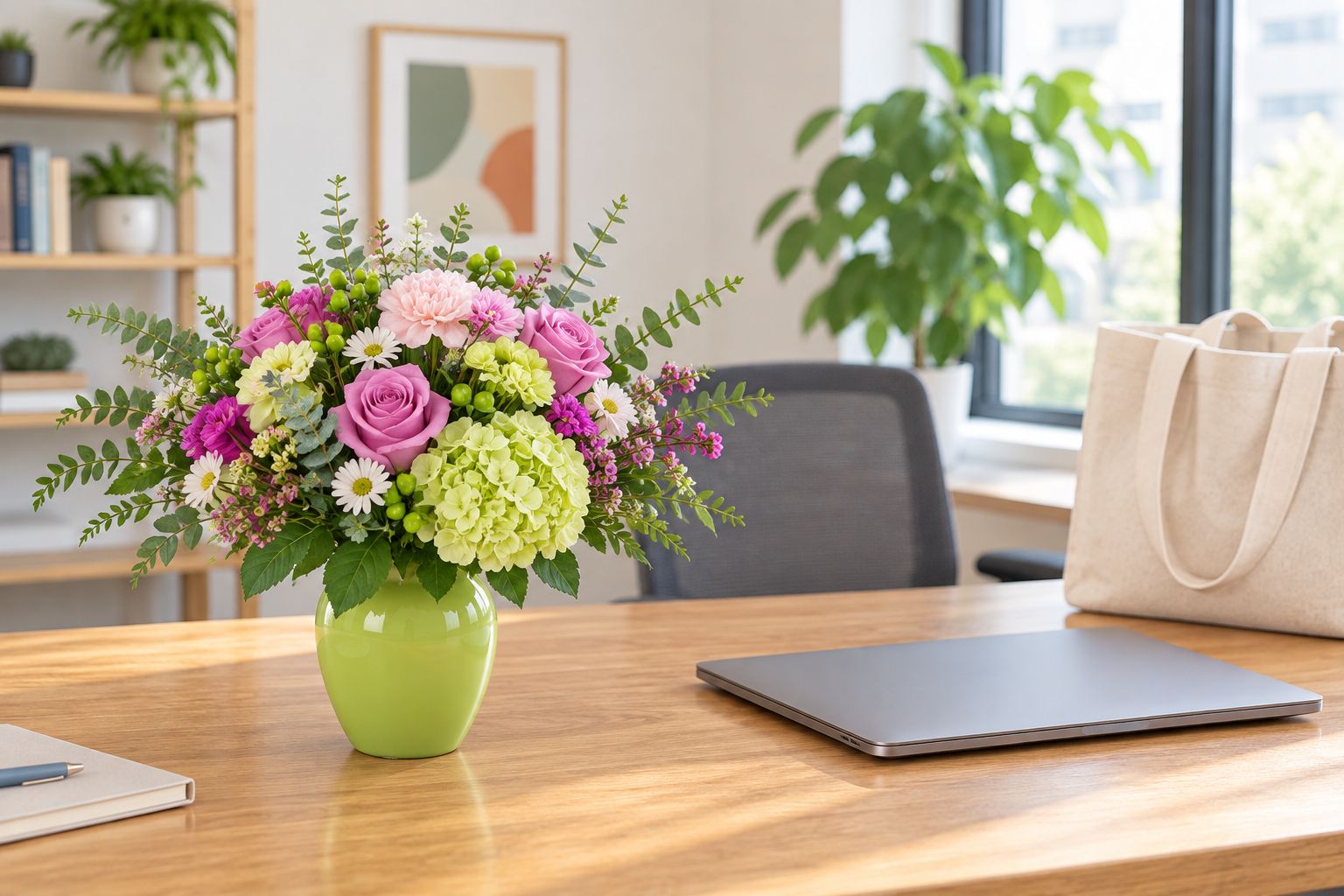 A flower arrangement on an office desk with clear working space around it