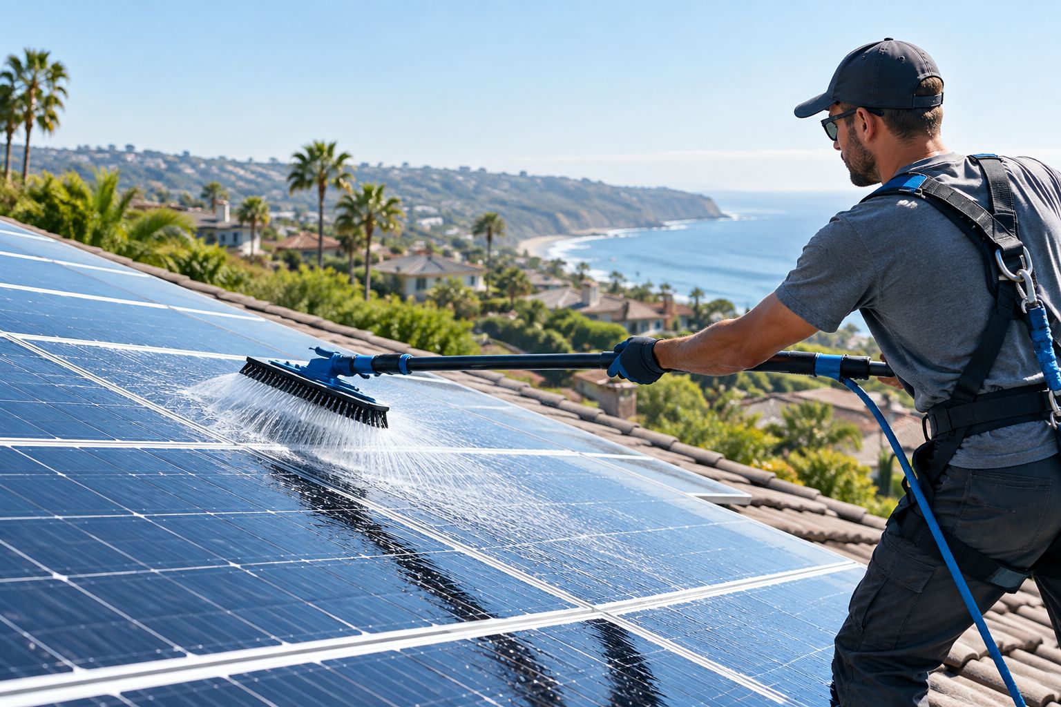 Technician soft-wash cleaning rooftop solar panels using a low-pressure pole system