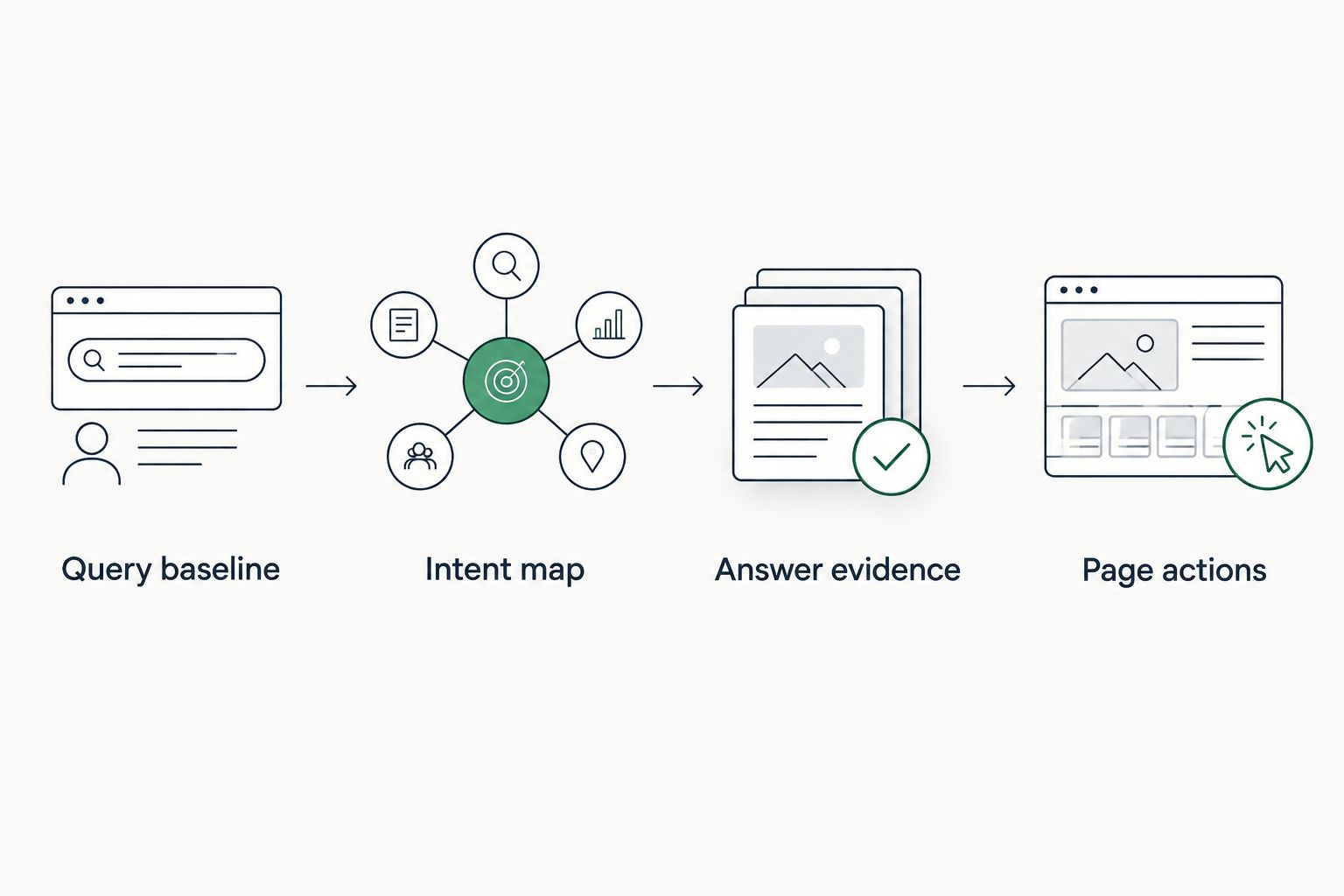 Workflow linking search query evidence to intent groups, answer observations and page actions