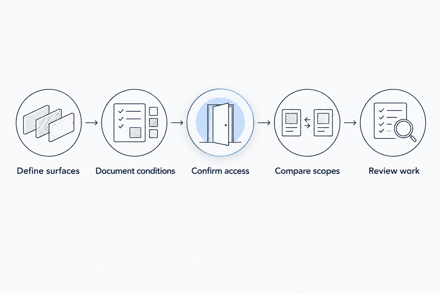Commercial cleaning planning sequence from defining surfaces to reviewing the completed work