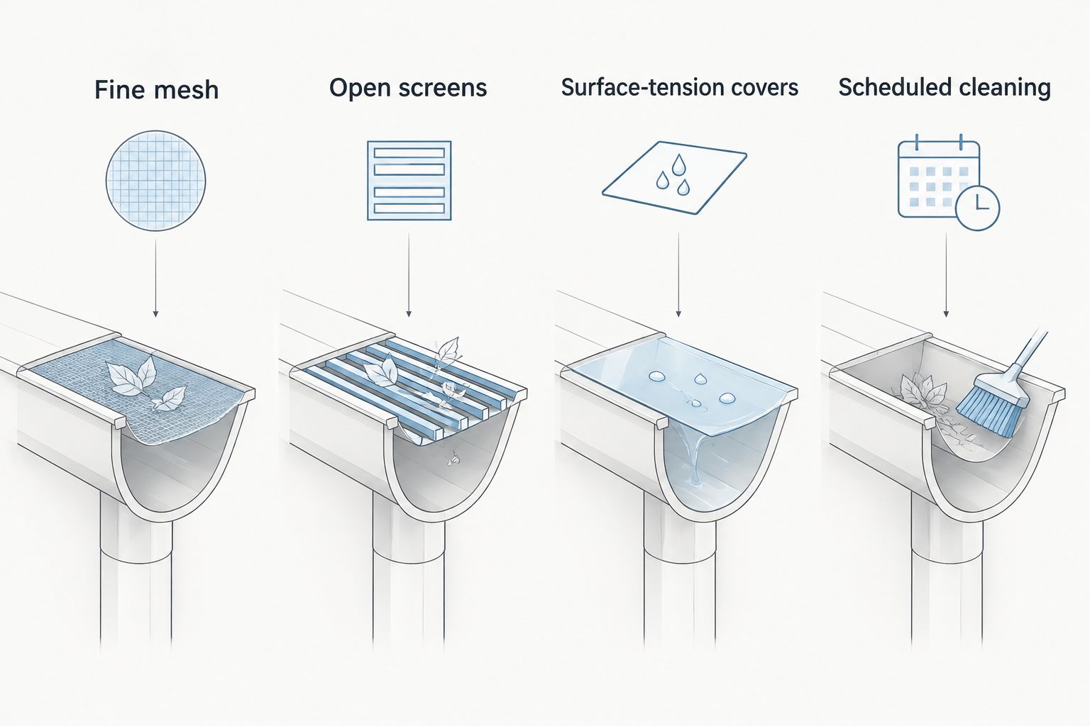 Comparison of fine mesh, open screens, surface-tension covers, and scheduled cleaning