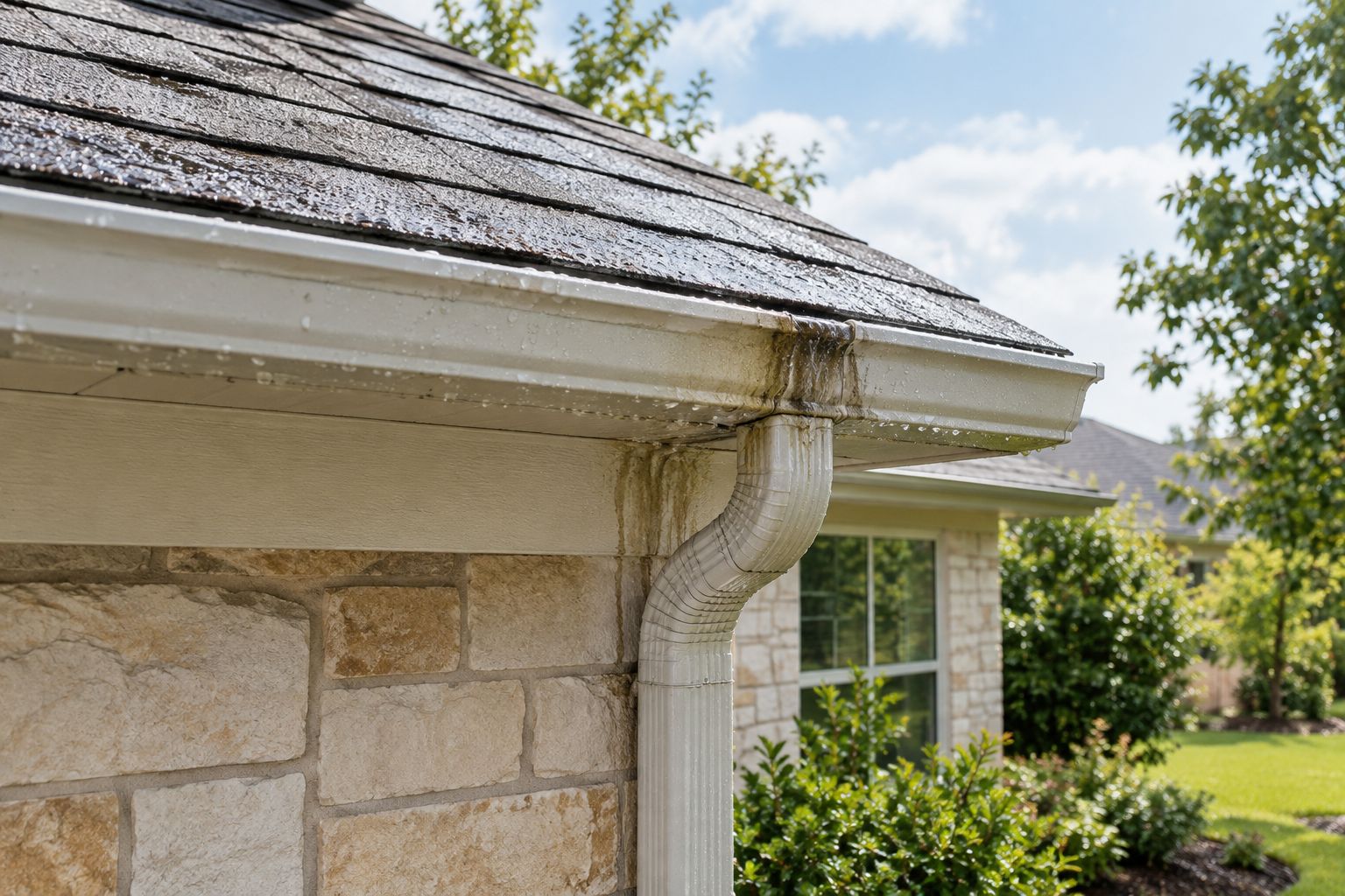 Ground-level view of a gutter corner, downspout, and runoff staining