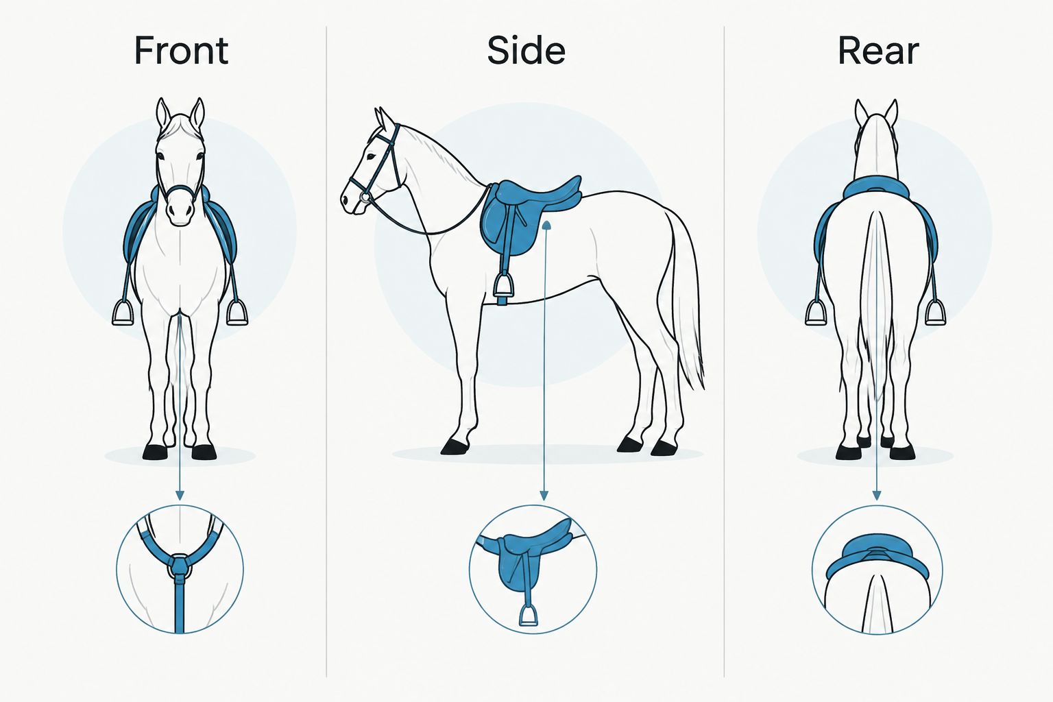 Front, side, and rear views for checking saddle-pad position