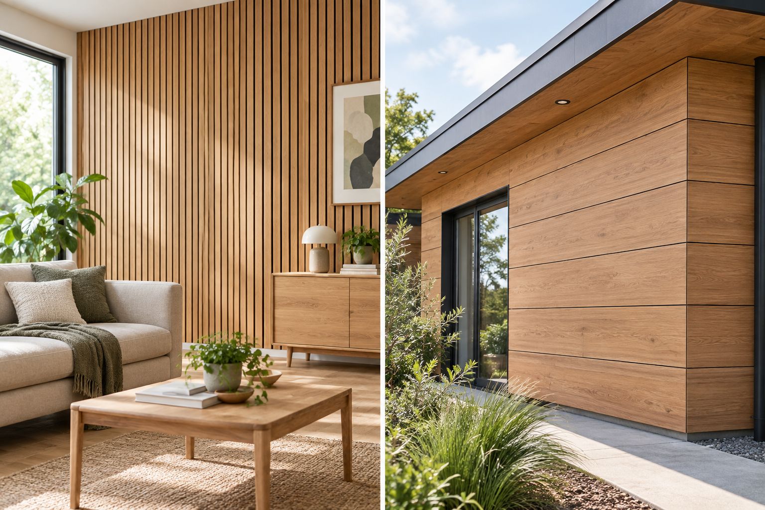 Comparaison visuelle d’un mur intérieur en lattes de bois et d’un habillage de façade